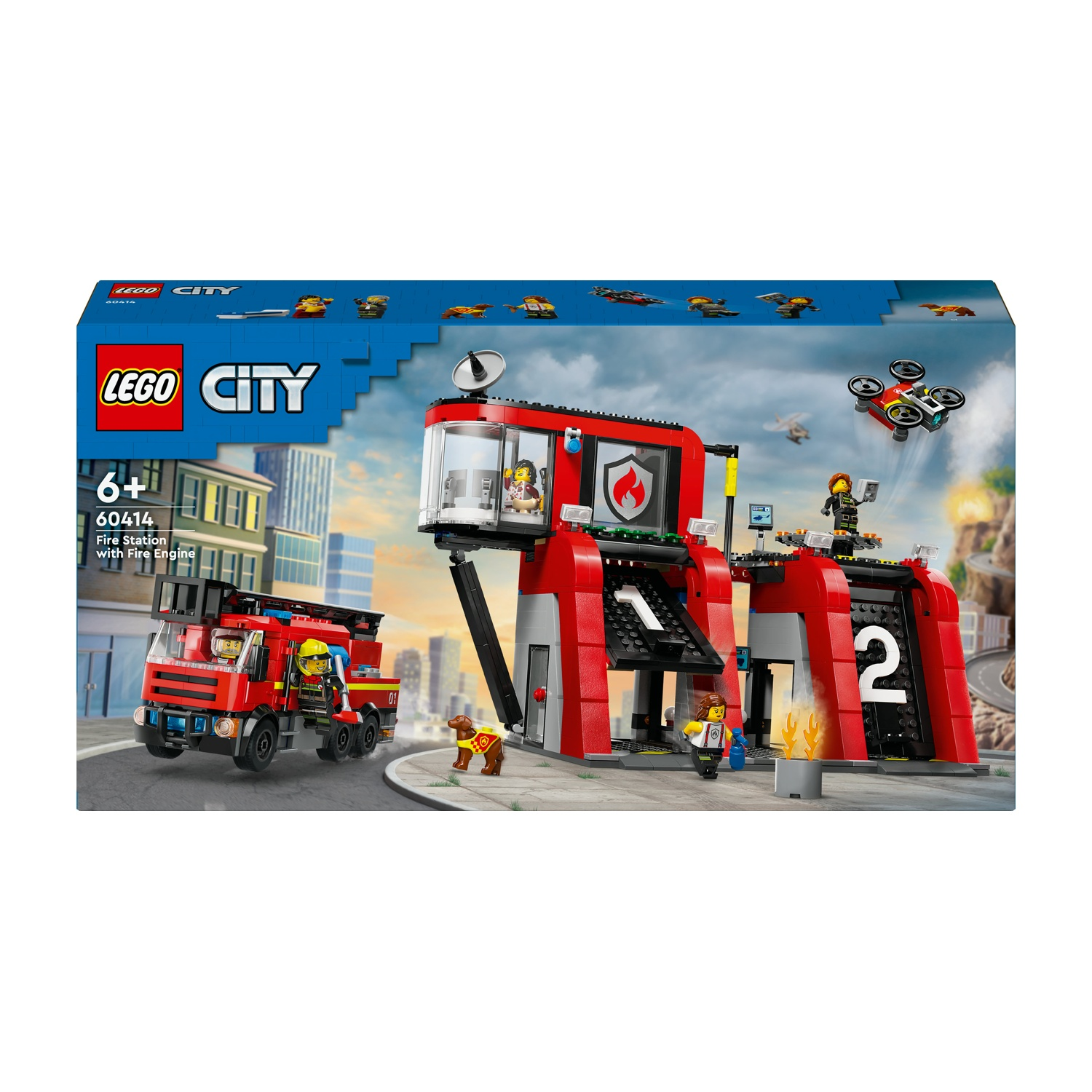 Set Lego City stazione dei vigili del fuoco con autopompa, drone e diverse minifigure. Edificio rosso e grigio con un grande 2.