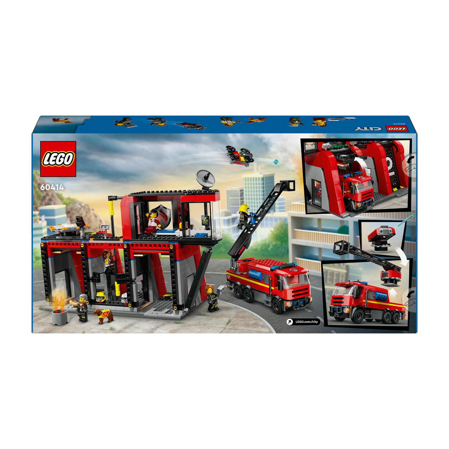 Scatola della caserma dei pompieri Lego City. Edificio rosso e grigio con autopompa e minifigure. Vista aerea dell'autopompa con scala estensibile.