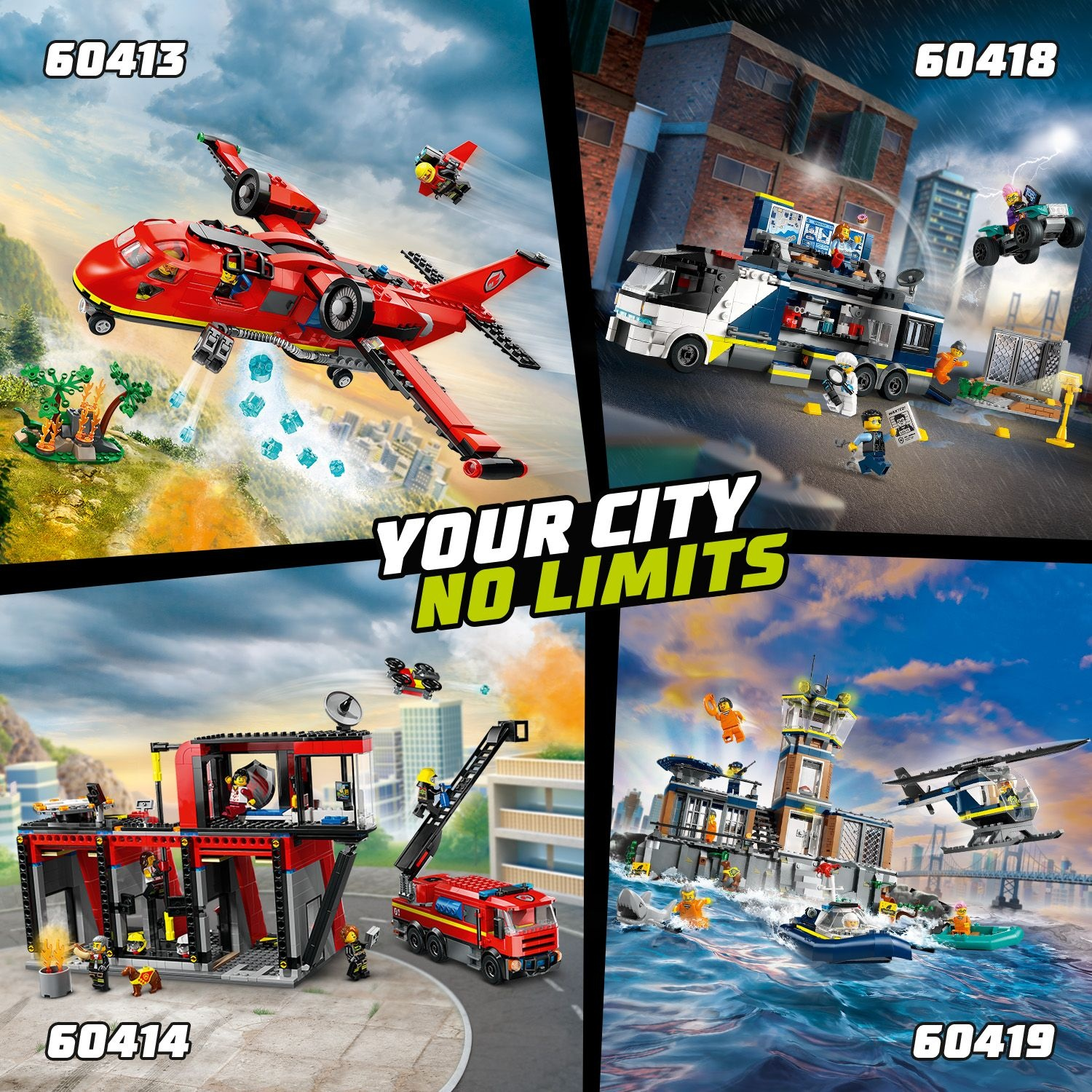 Un collage mostra set LEGO City con un aereo antincendio, un camion della polizia, una caserma dei pompieri e una fuga da una prigione su un'isola.