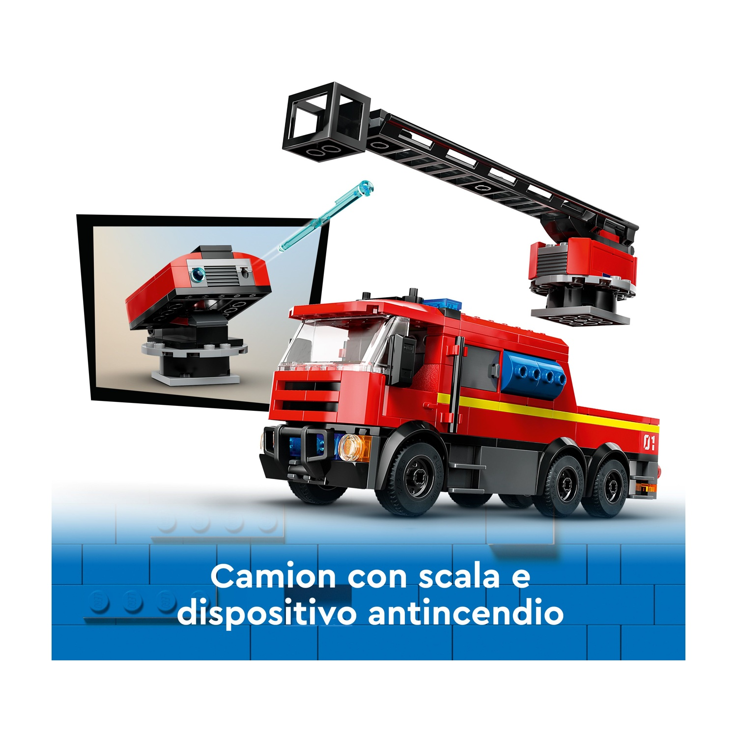 Un camion dei pompieri Lego rosso con scala e cannone ad acqua. Un'immagine più piccola mostra il cannone in azione. Mattoncini Lego blu in basso.
