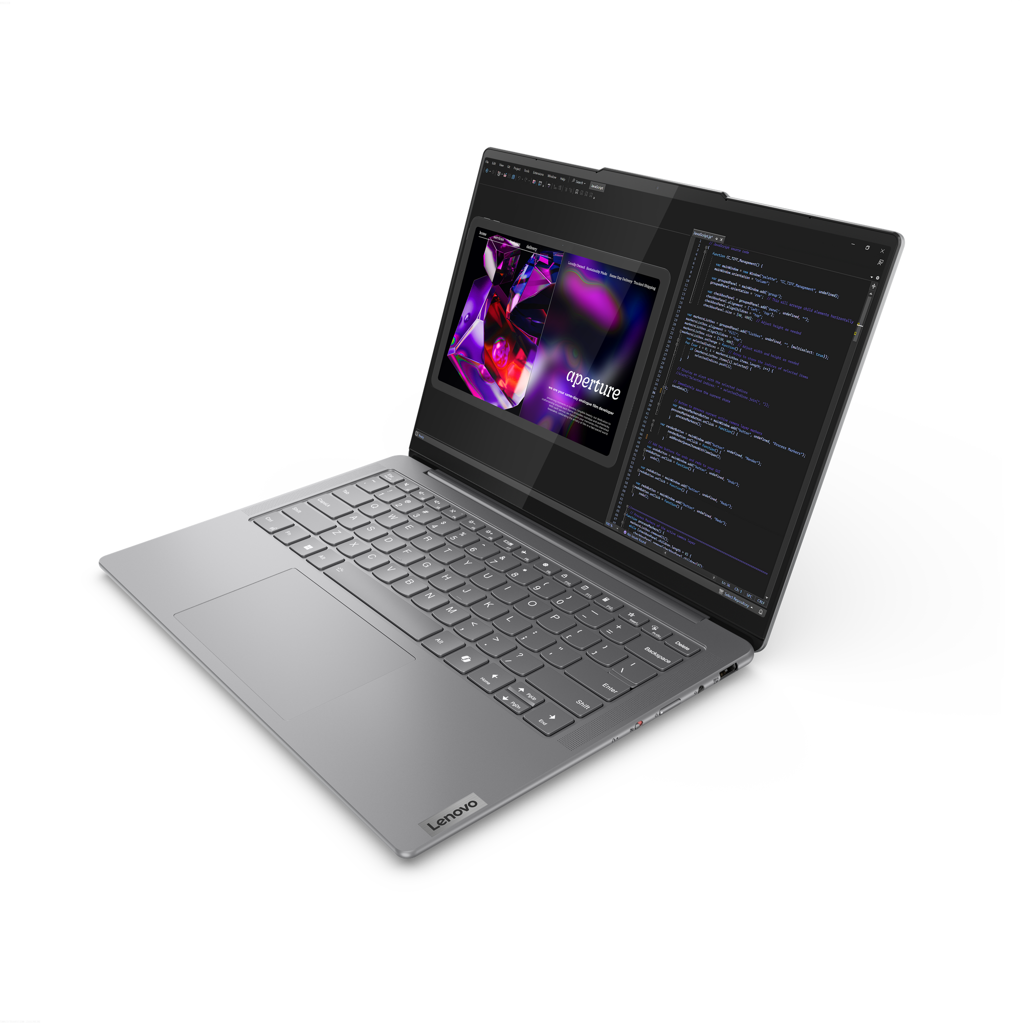 Web sitesi ve kod gösteren açık ekranlı dizüstü bilgisayar, klavye görünür, Lenovo logosu.