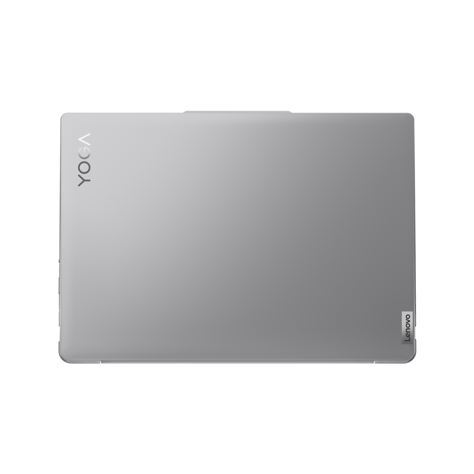 Siyah arka plan üzerinde, kapalı ve yukarıdan görünümü olan gümüş renkli Lenovo Yoga dizüstü bilgisayar. Lenovo ve Yoga yazıları görünür.