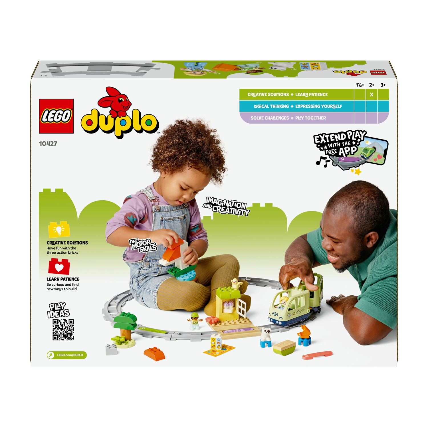 Una scatola Lego Duplo mostra un bambino e un adulto che giocano con un trenino. La scatola dice 'Creative Solutions' e 'Learn Patience'.