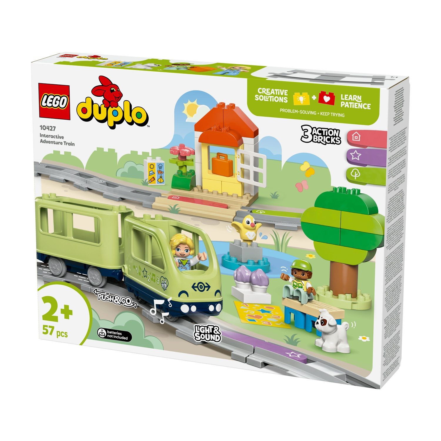 Un set Lego Duplo. Mostra un treno verde con un personaggio biondo, un edificio giallo e diverse altre figure Lego.