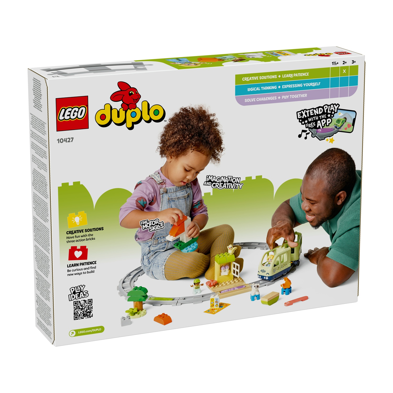 Una scatola Lego Duplo mostra un bambino e un adulto che giocano con blocchi colorati. La scatola mostra un set di treni ed elementi di costruzione.