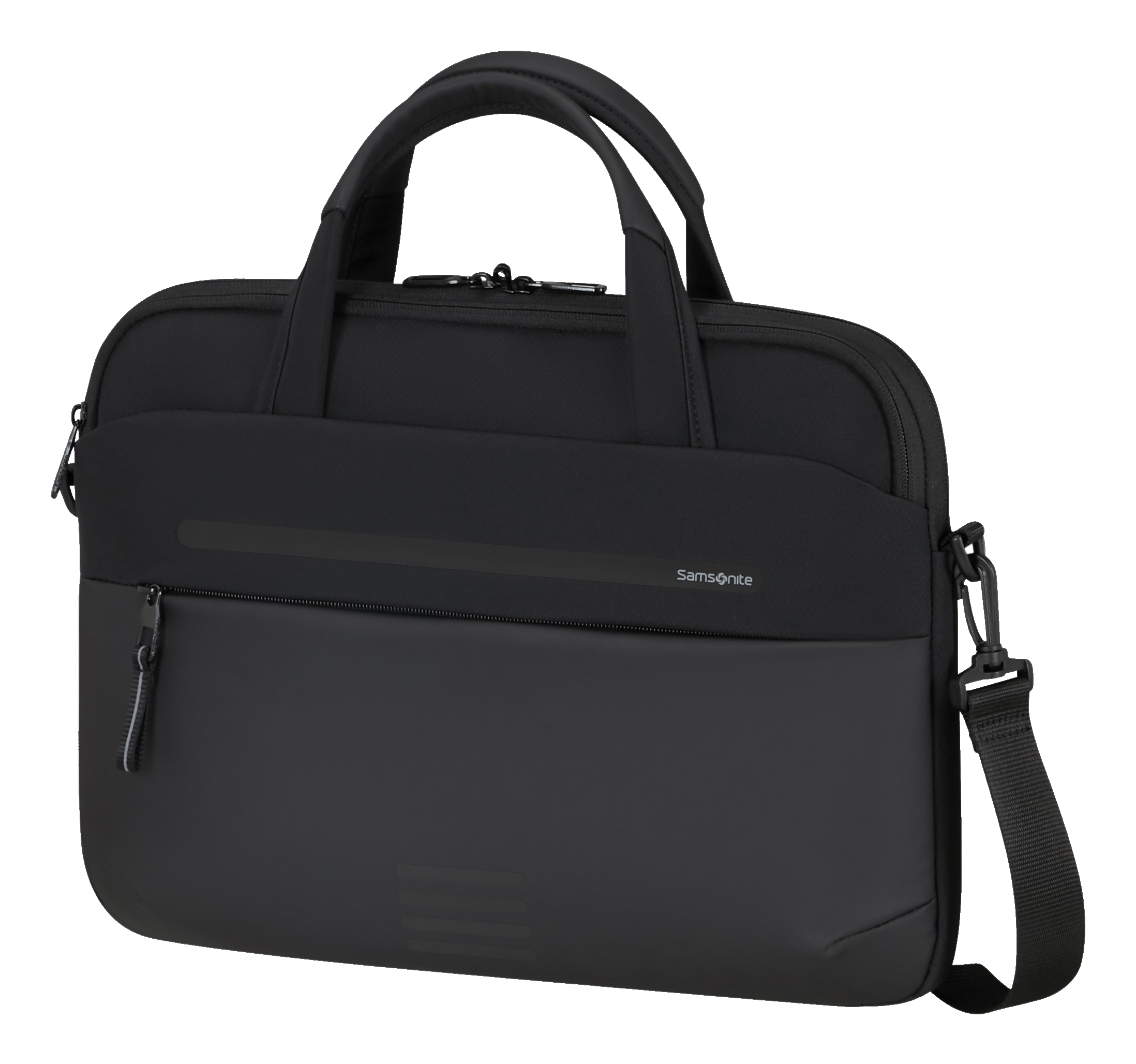 Czarna teczka Samsonite z paskiem na ramię, uchwytem i zamkiem błyskawicznym. Torba jest na zielonym tle.