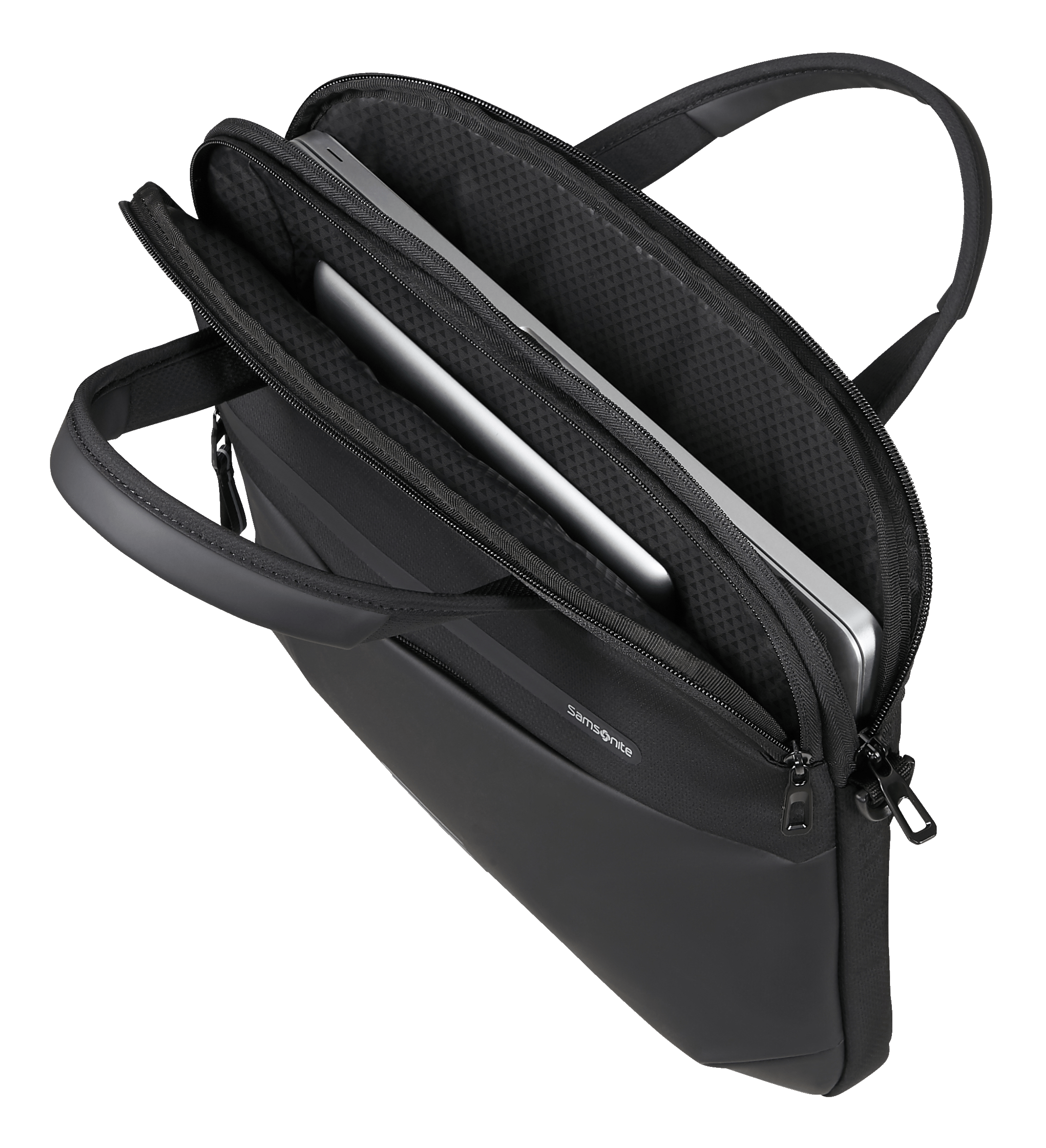 Czarna torba na laptopa Samsonite, otwarta, z laptopem. Zielone tło. Uchwyt na górze.