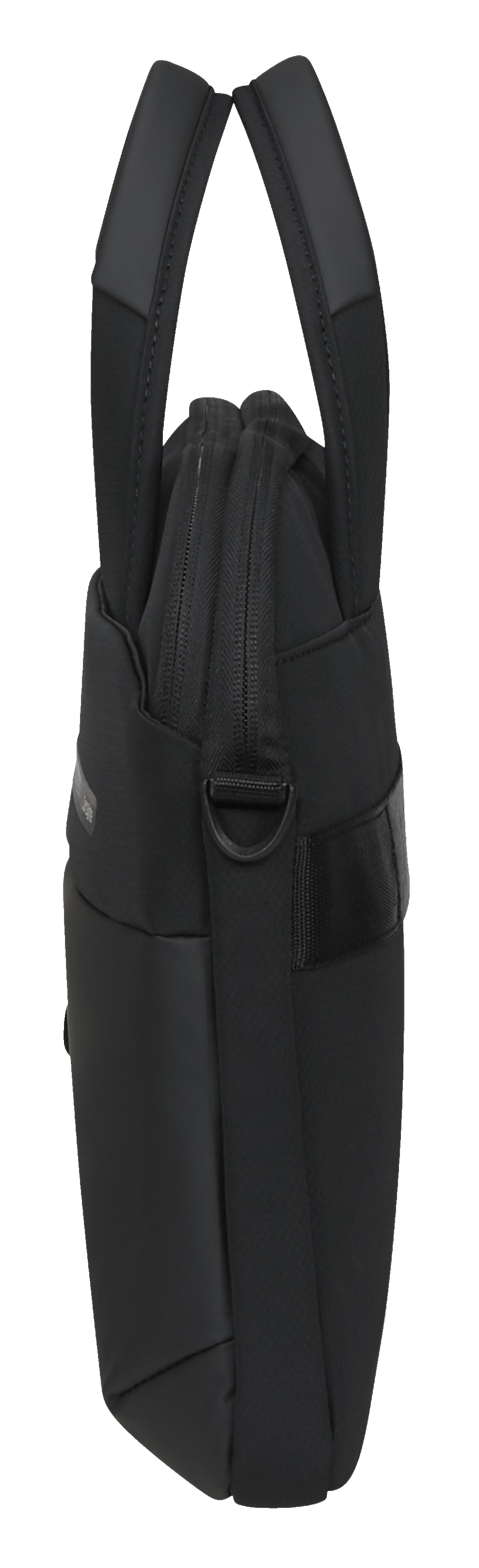 Czarna torebka z dwoma uchwytami. Ma zamek błyskawiczny i pasek. Tło jest czarne.