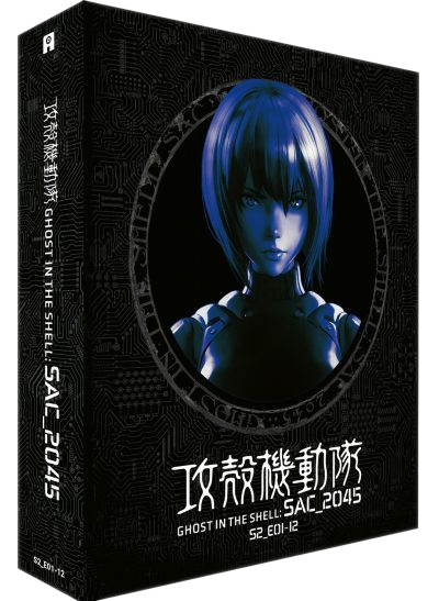 Anime box art. Een vrouw met blauw haar staat in een cirkelvormige lijst. De doos is zwart met Japanse tekst.