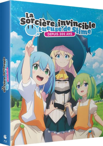 Anime-omslag. Drie meisjes met kleurrijk haar voor een blauwe lucht. Titel: 'La Sorcière invincible tueuse de Slime'.