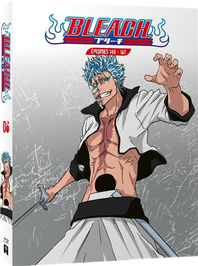 Anime-omslag toont een personage zonder shirt met blauw haar en een zwaard. De titel is Bleach.