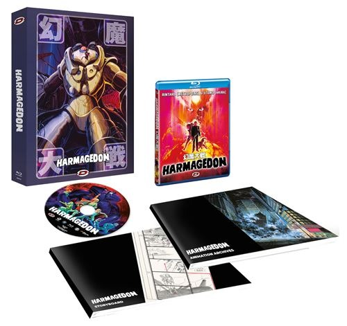 Coffret Blu-ray de Harmagedon. Comprend un coffret, un boîtier Blu-ray, un disque et deux livrets. Œuvre d'art avec robot.