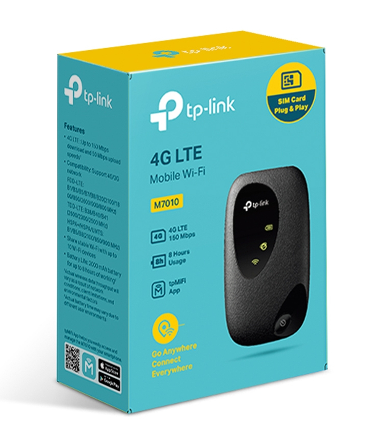 Pudełko routera Wi-Fi mobilnego TP-Link 4G LTE. Pokazuje router i kluczowe cechy, takie jak prędkość, żywotność baterii i aplikację.
