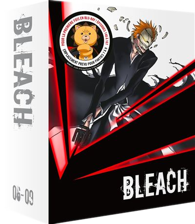 Coffret Bleach. Comprend un personnage avec un masque et des cheveux orange, le titre Bleach et un emblème circulaire. Des lignes rouges.