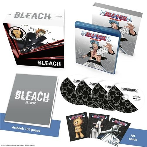 Coffret anime Bleach, Blu-ray, artbook, CD et cartes d'art. Comprend des personnages et le logo Bleach. Divers objets sont affichés.