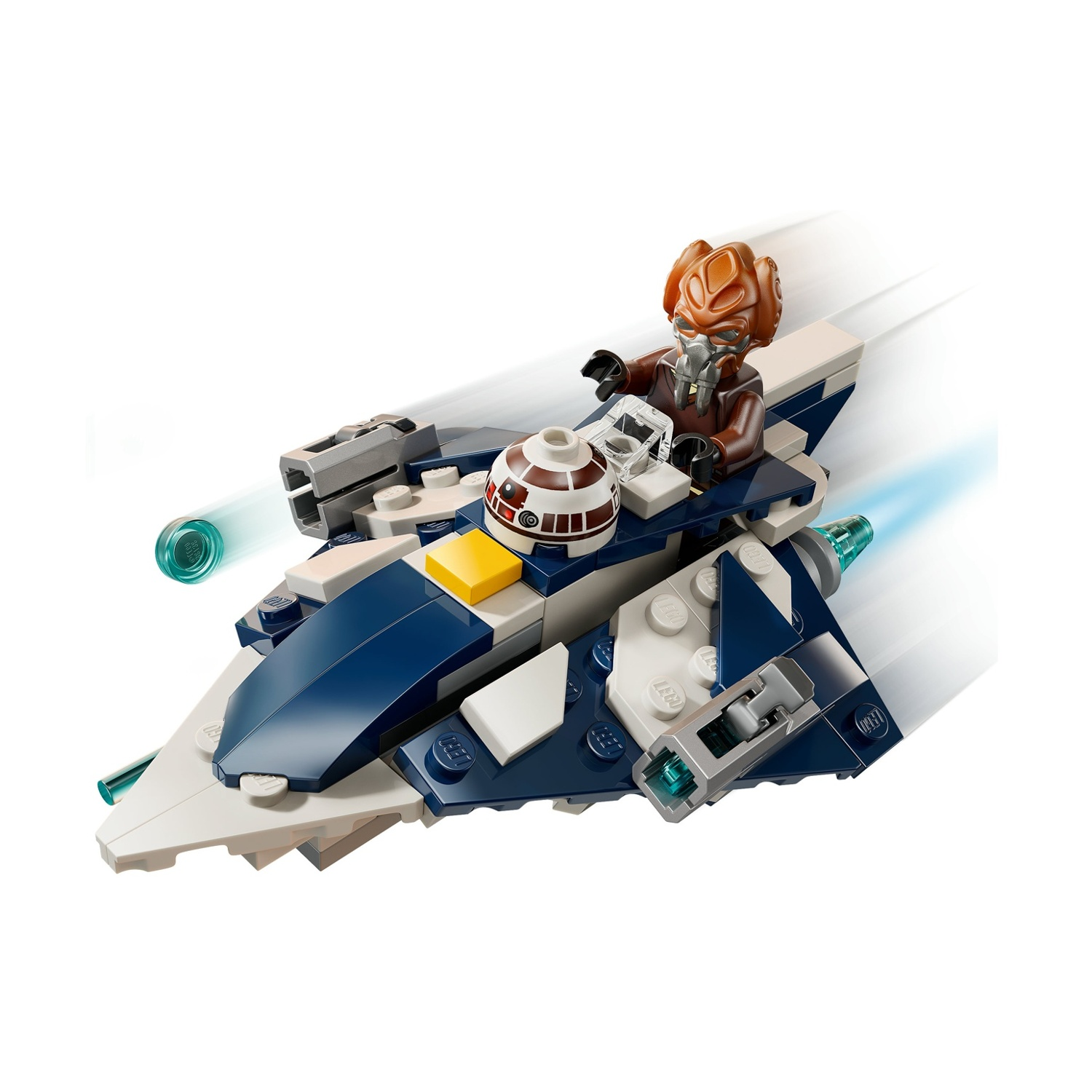 Un'astronave Lego con un pilota marrone e un droide. L'astronave è blu, bianca e grigia, con linee di movimento. Lo sfondo è bianco.