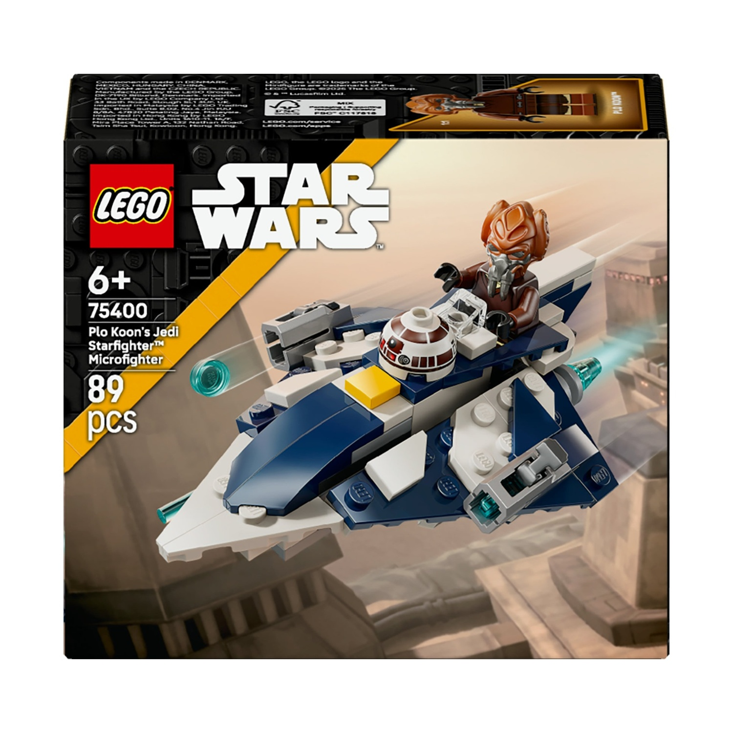 Set Lego Star Wars. Caccia stellare Jedi di Plo Koon. Un'astronave blu e bianca con una figura nell'abitacolo, con sfondo marrone.