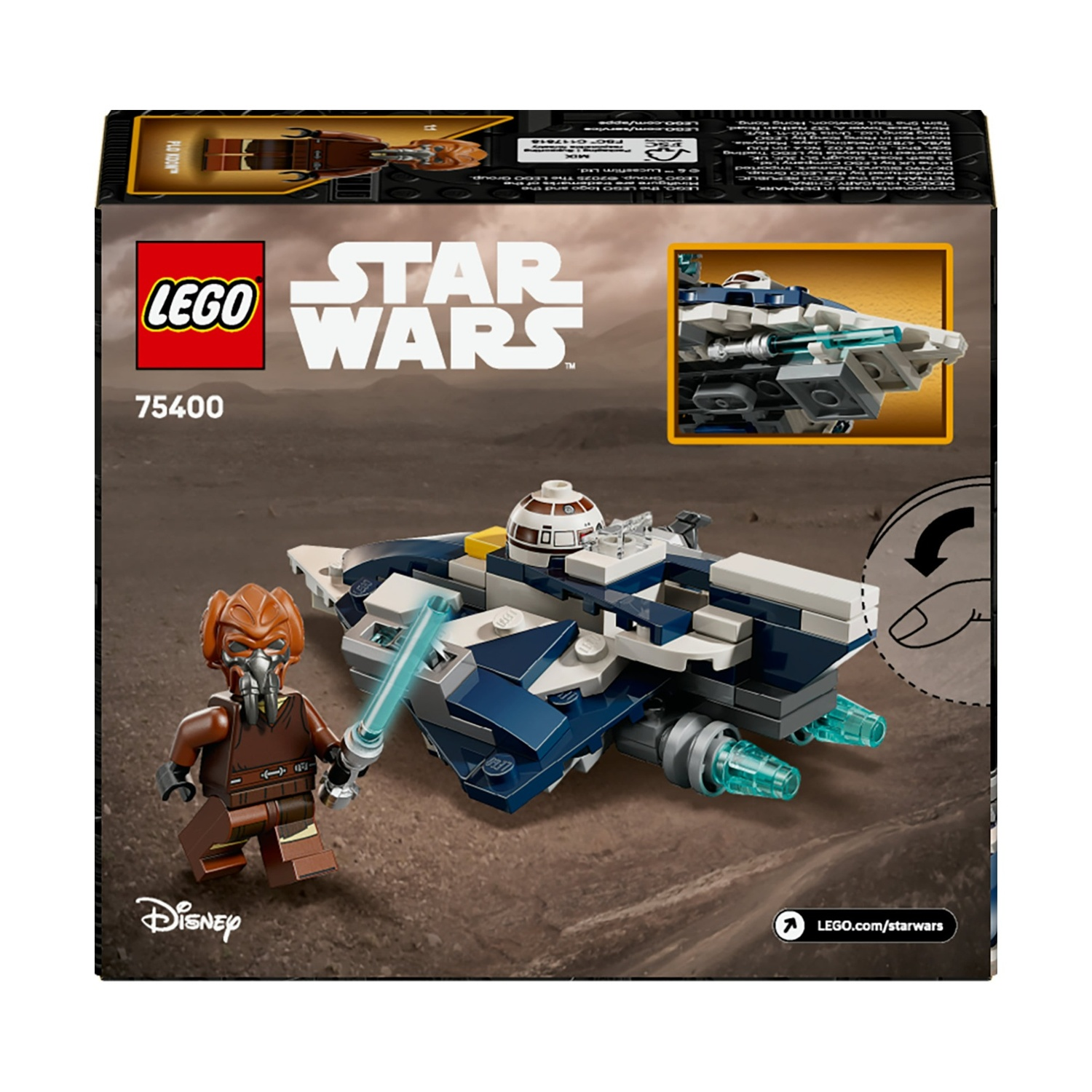Scatola Lego Star Wars. Presenta un personaggio Lego con una spada laser e un'astronave blu e bianca su sfondo marrone.