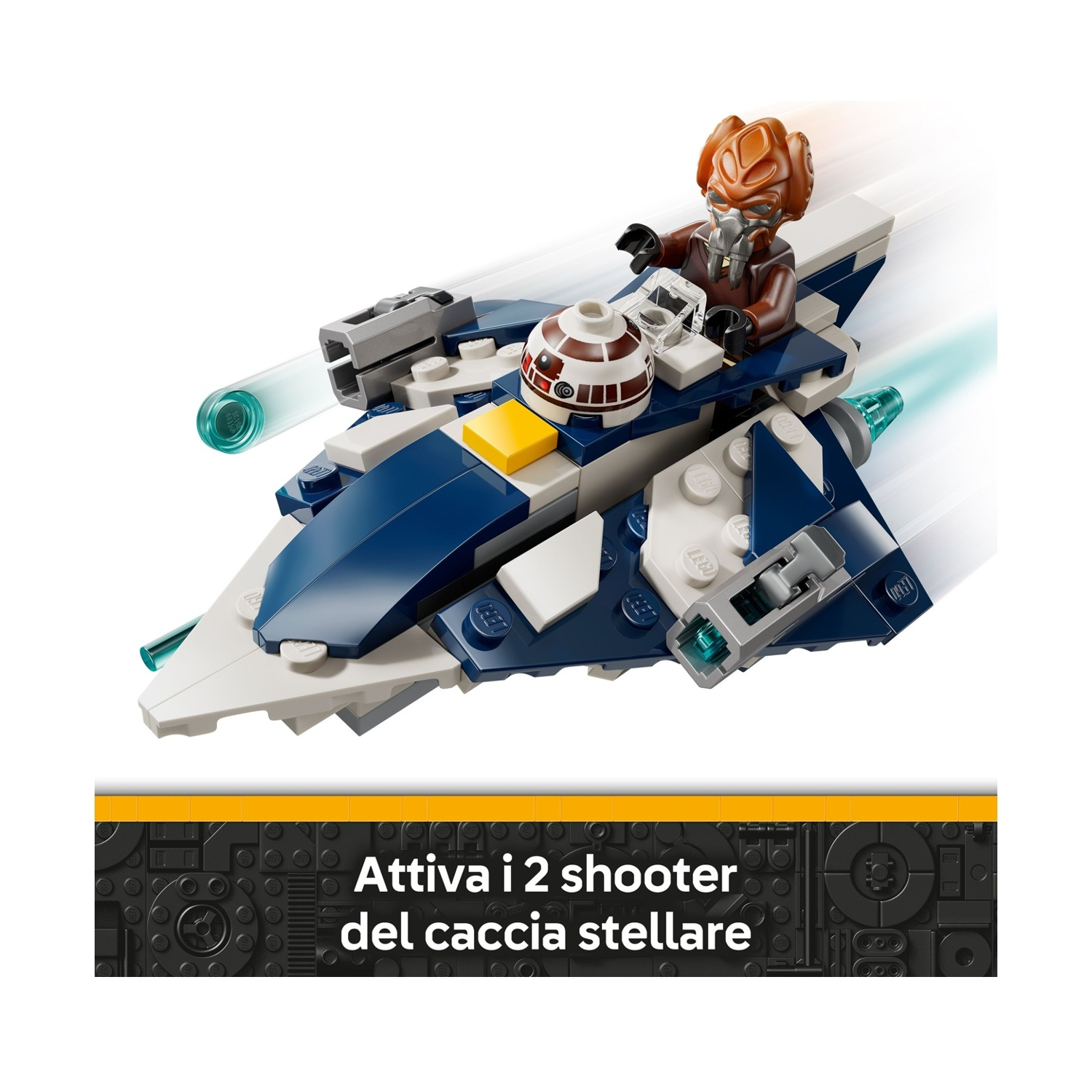 Un caccia Lego Star Wars blu, bianco e grigio. Una minifigure è nell'abitacolo. Il testo recita 'Attiva i 2 shooter del caccia stellare'.