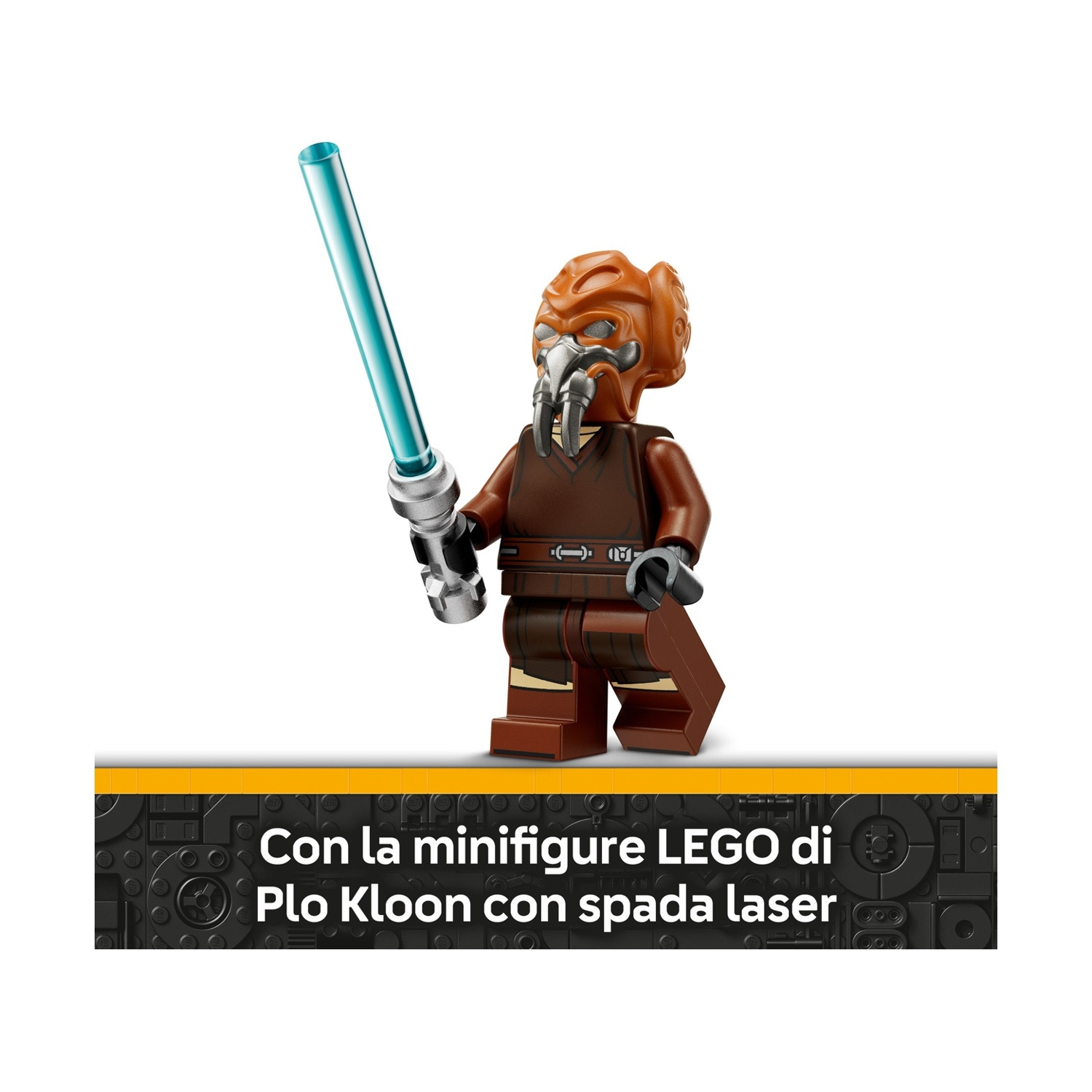 Una minifigure Lego di Plo Koon con una spada laser blu. Indossa una maschera arancione e abiti marroni. Lo sfondo è bianco.