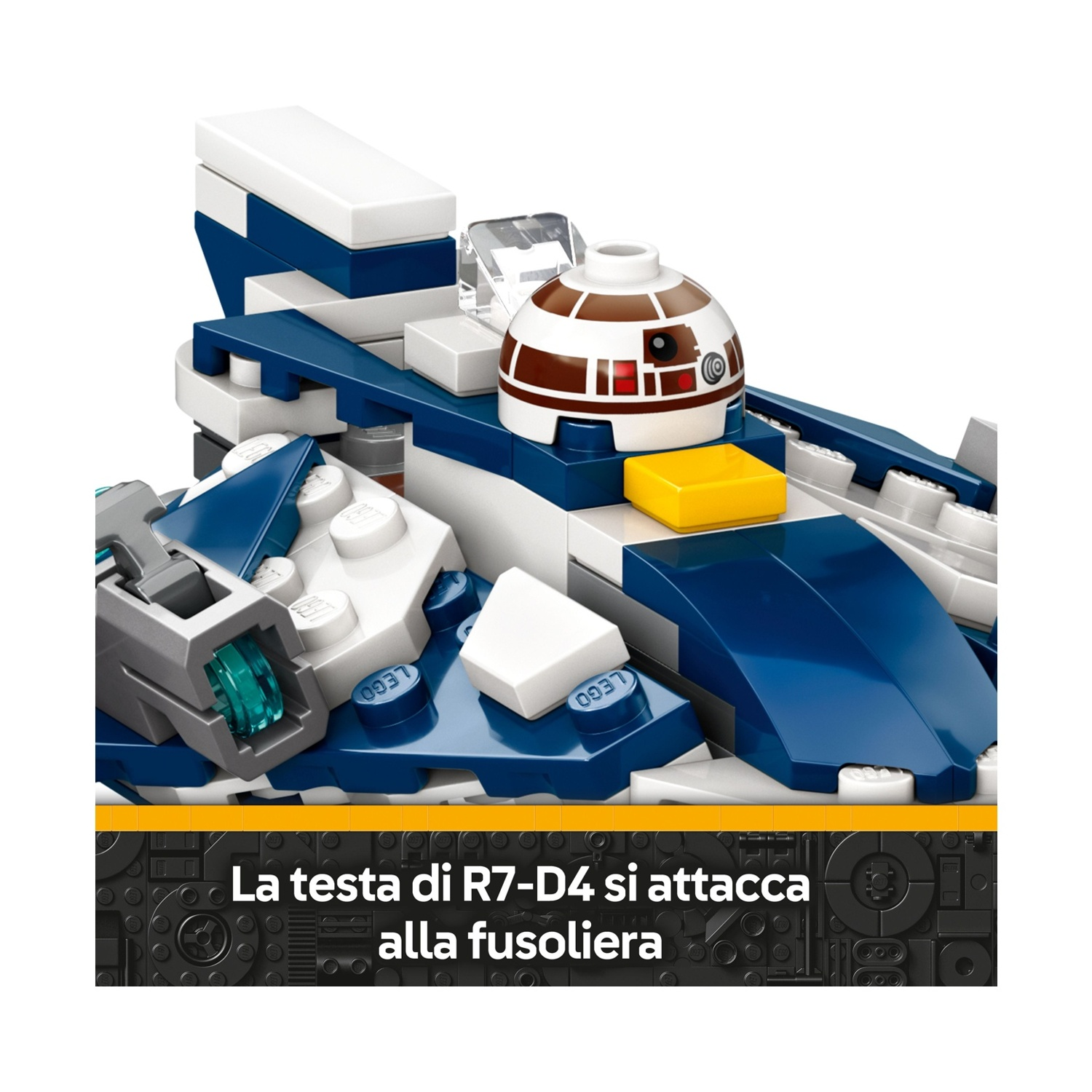 Un modello Lego Star Wars, con un'astronave blu e bianca con una testa di droide R7-D4. Include pezzi gialli e trasparenti.