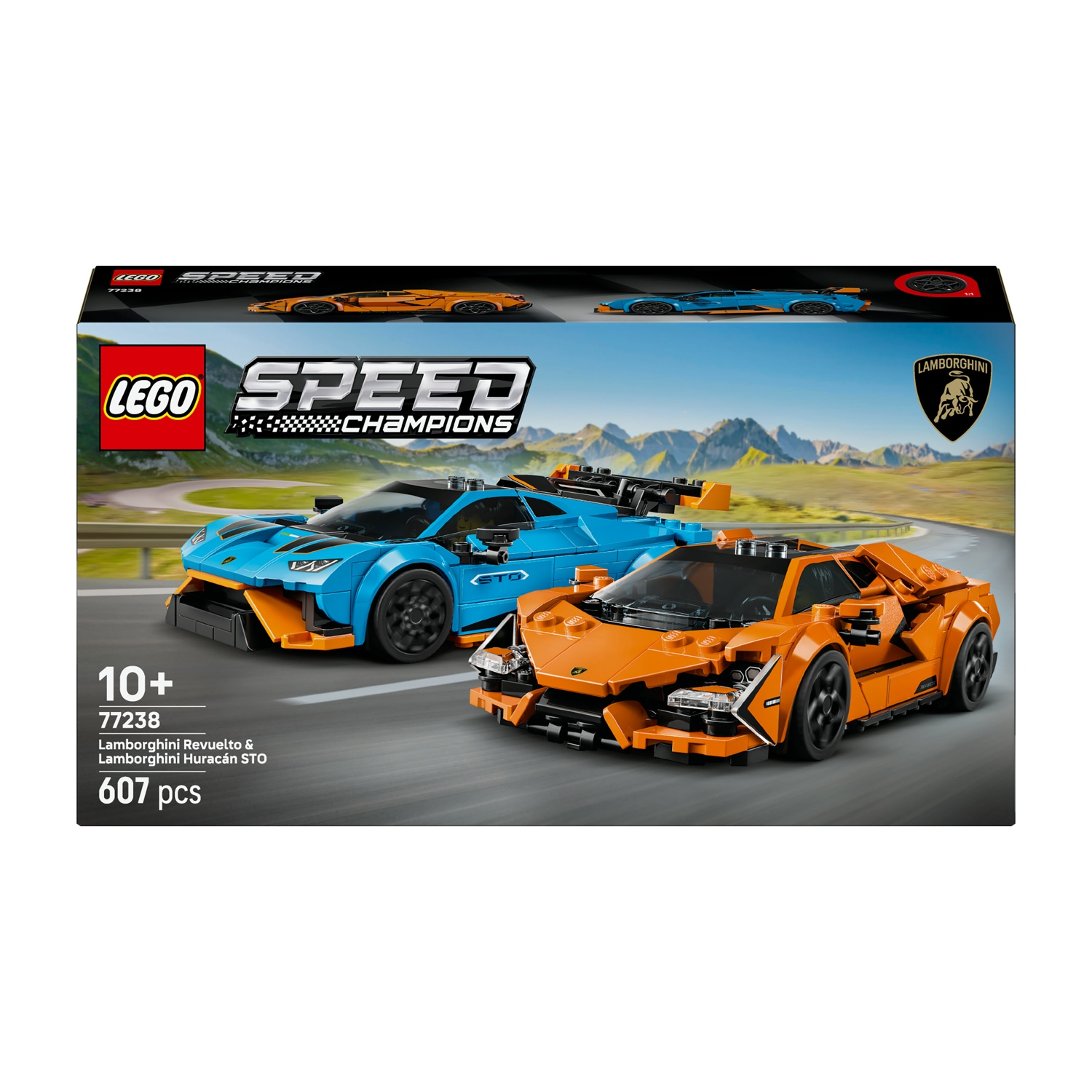 Un set in scatola Lego Speed Champions. Mostra una Lamborghini blu e una arancione su una scena di pista. La scatola è bianca.