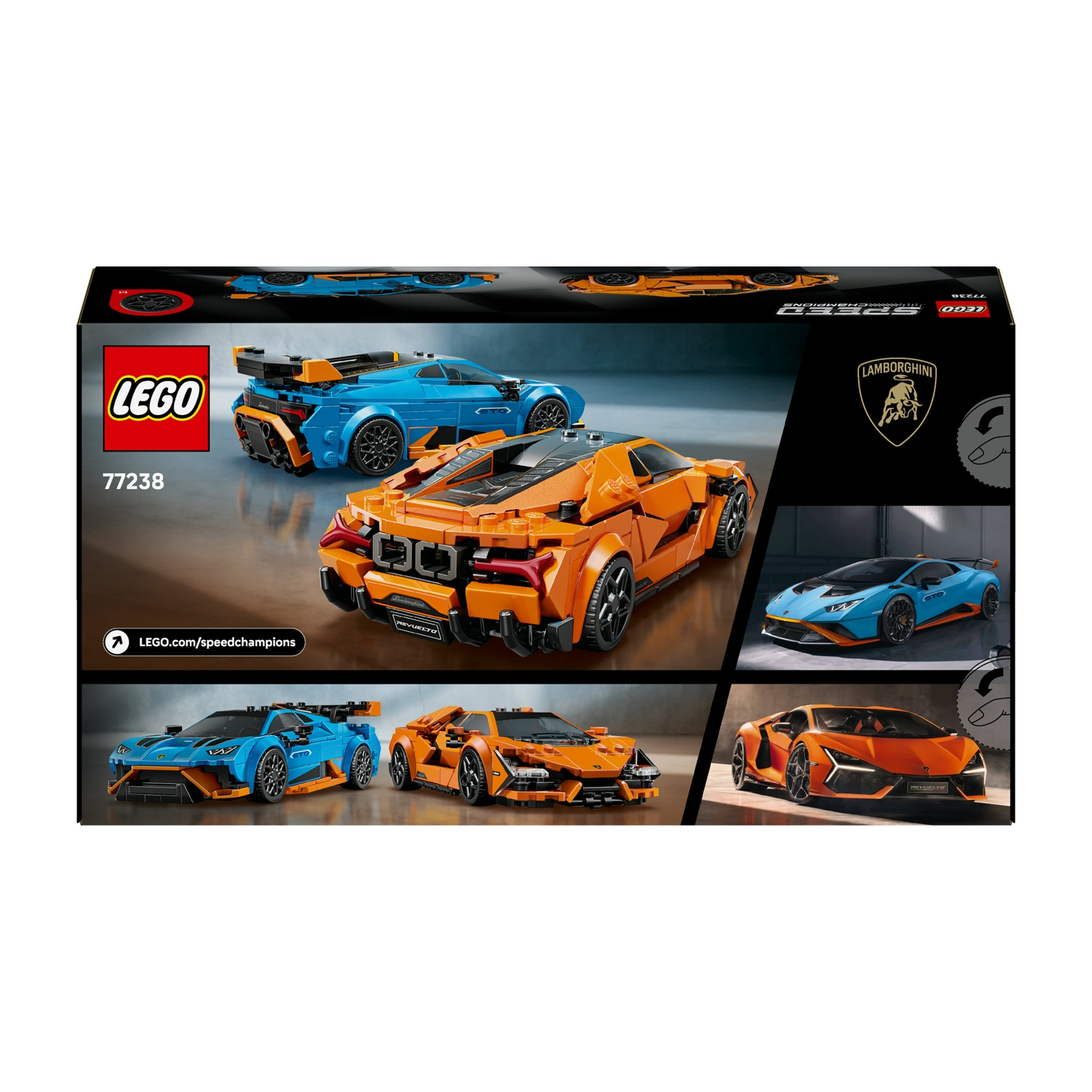 Scatola Lego con auto giocattolo Lamborghini arancioni e blu. La scatola ha i loghi Lego e Lamborghini.
