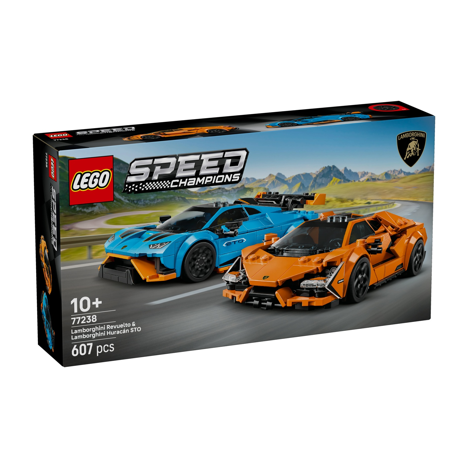 Una scatola Lego mostra due auto giocattolo Lamborghini, blu e arancioni, su una pista. La scatola è etichettata 'Speed Champions'.