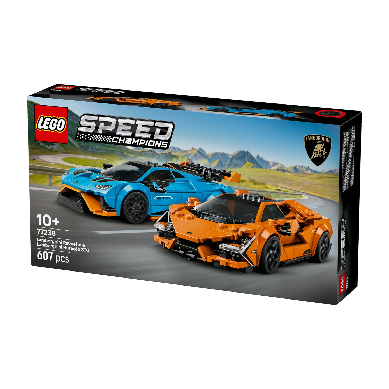 Set Lego Speed Champions con modelli Lamborghini blu e arancioni su una scatola con testo e loghi, tra cui 10+ e 607 pezzi.