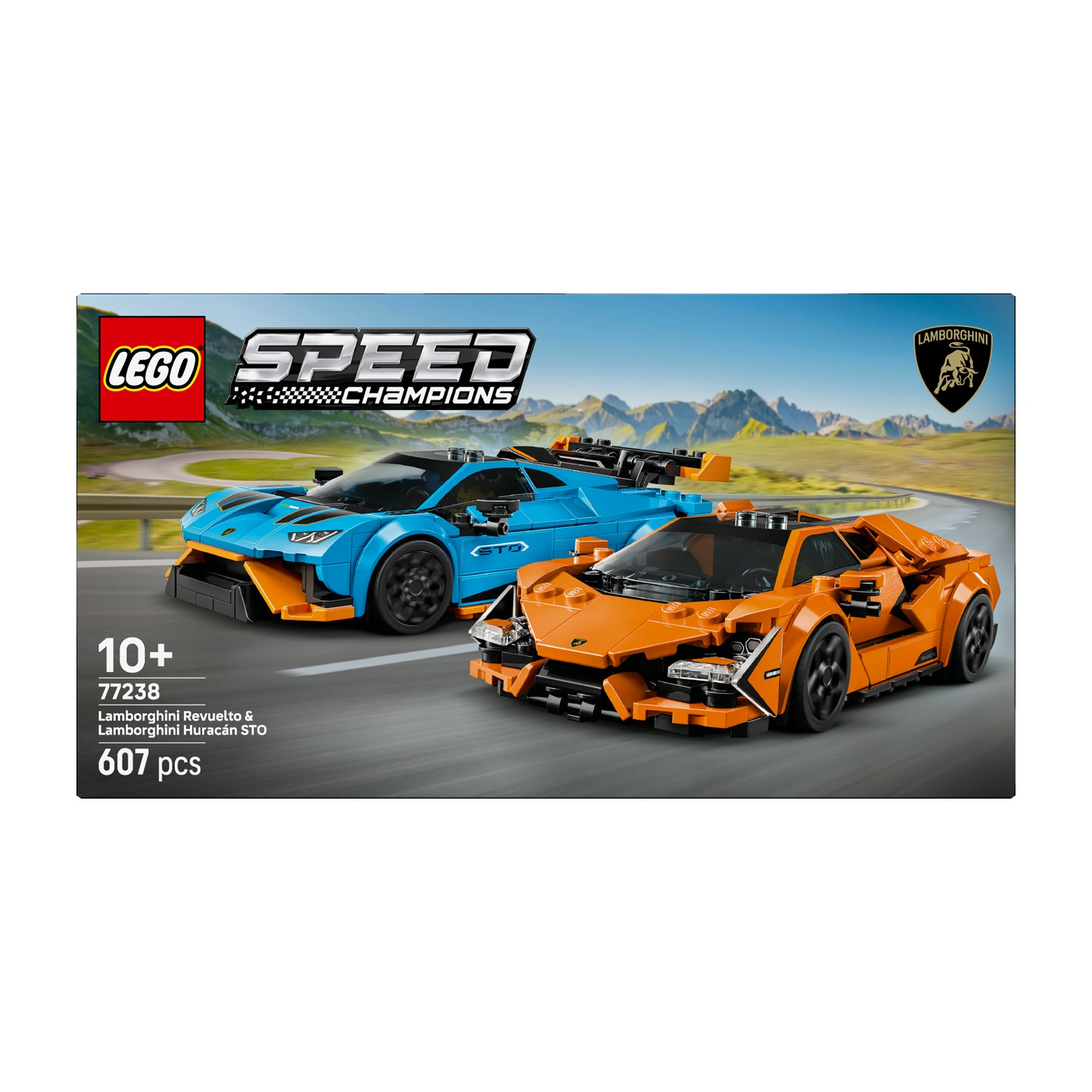 Una scatola Lego mostra due macchinine: una Lamborghini blu e una arancione. La scatola presenta i loghi Lego e Speed Champions.