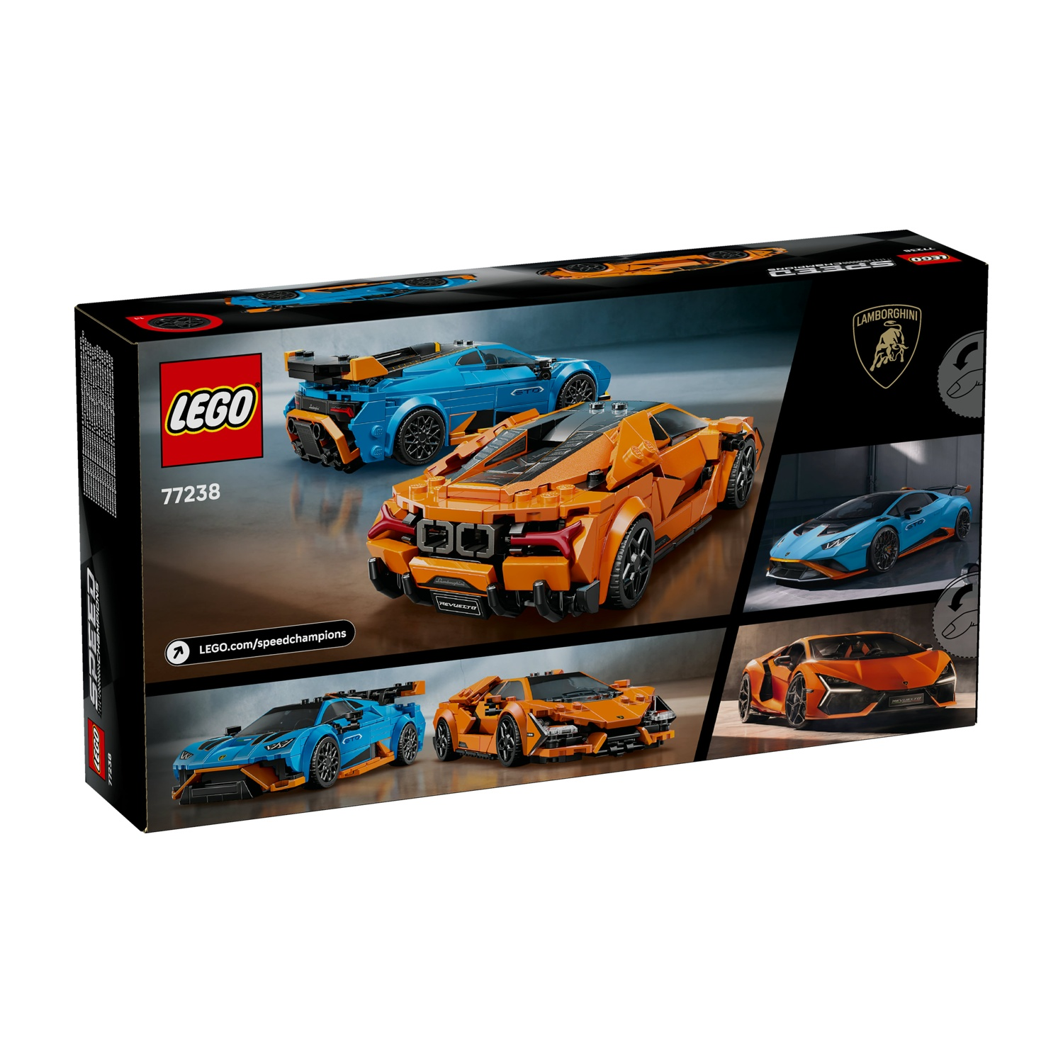 Scatola Lego con immagini di auto Lamborghini arancioni e blu. La scatola presenta i loghi Lego e Lamborghini.