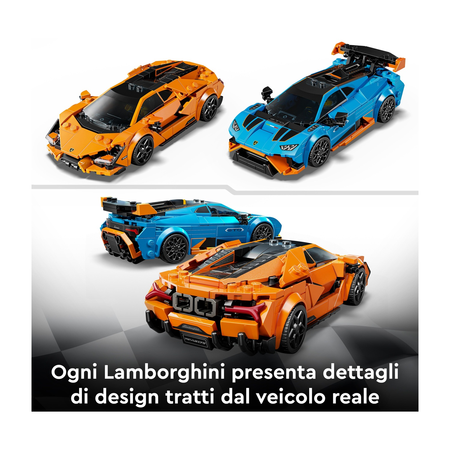 Tre Lamborghini giocattolo: arancioni e blu. Le auto sono su sfondo bianco. Testo italiano: 'Ogni Lamborghini presenta dettagli di design'.