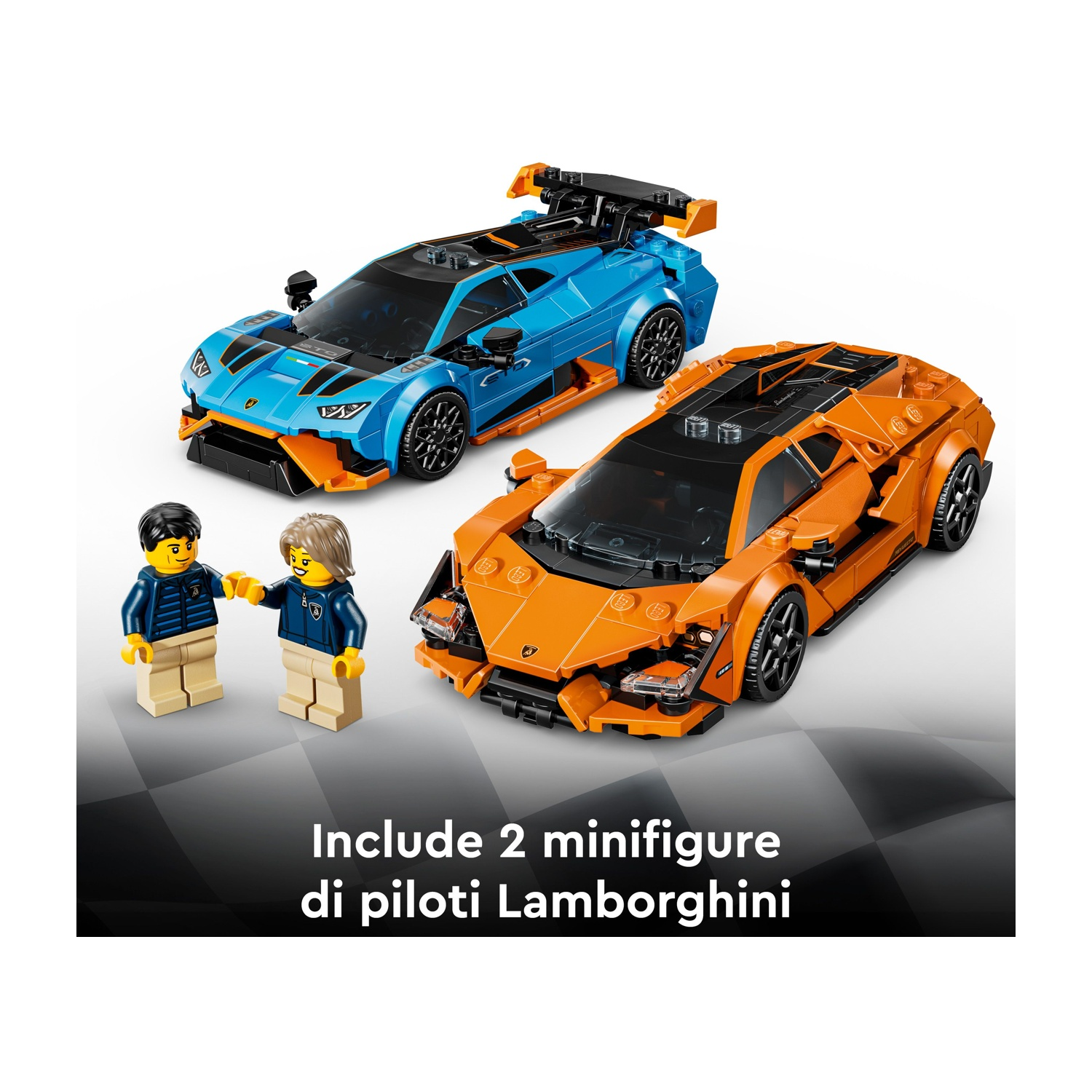 Due auto Lego Lamborghini, una blu, una arancione, con due minifigure piloti. Testo: 'Include 2 minifigure di piloti Lamborghini'.