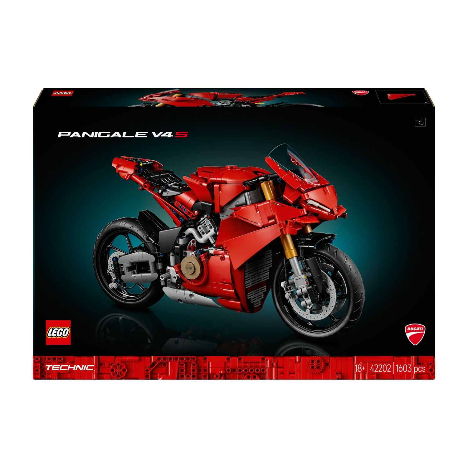 Un set Lego Technic Ducati Panigale V4 S è esposto nella sua scatola. La moto è rossa, con ruote nere e un parabrezza trasparente.