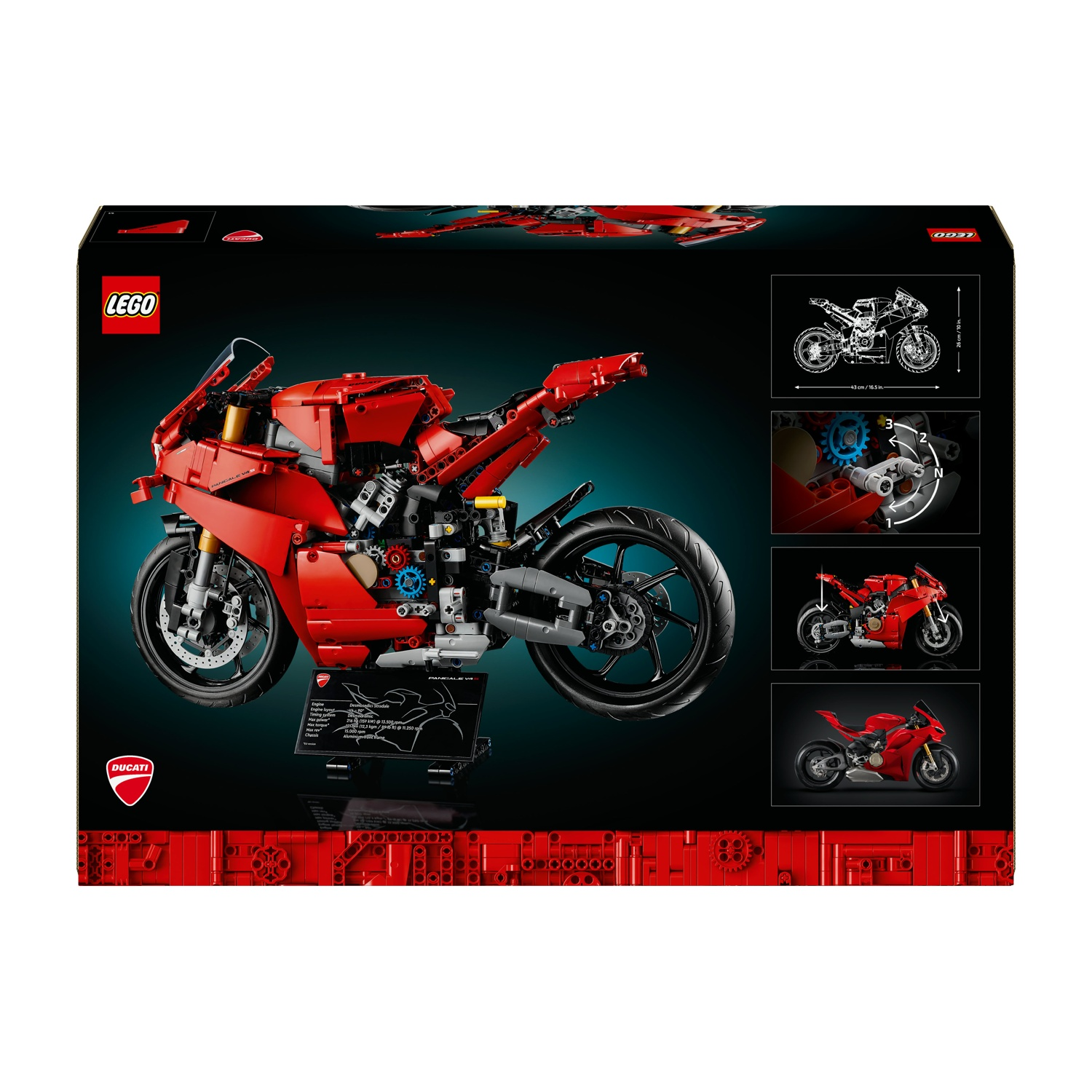 Una scatola Lego mostra un modello di moto Ducati rossa. Dettagli: logo Ducati, logo Lego e diagrammi tecnici.