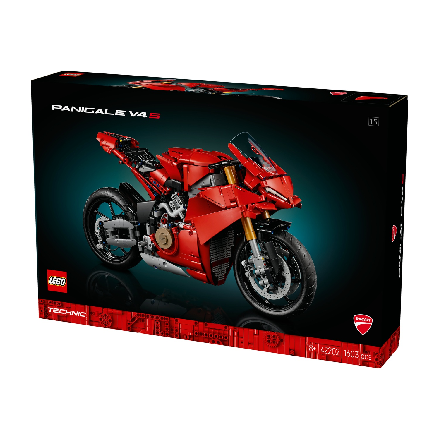 Un set Lego Technic Ducati Panigale V4 S in una scatola nera. La moto rossa è al centro con dettagli visibili. Loghi LEGO e DUCATI.