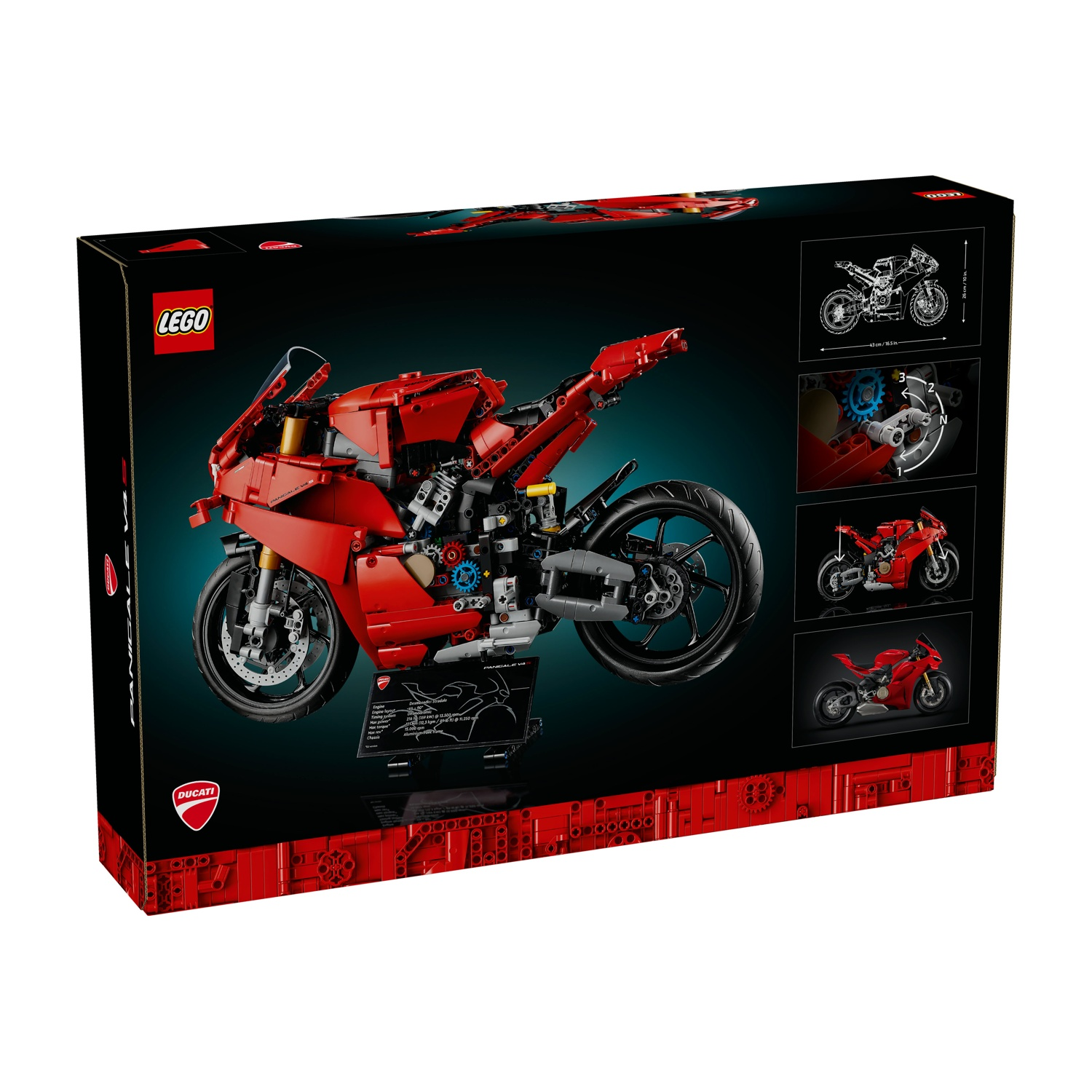 Un set Lego Ducati Panigale V4. La scatola presenta il modello di moto rosso, i loghi Lego e Ducati e diagrammi.