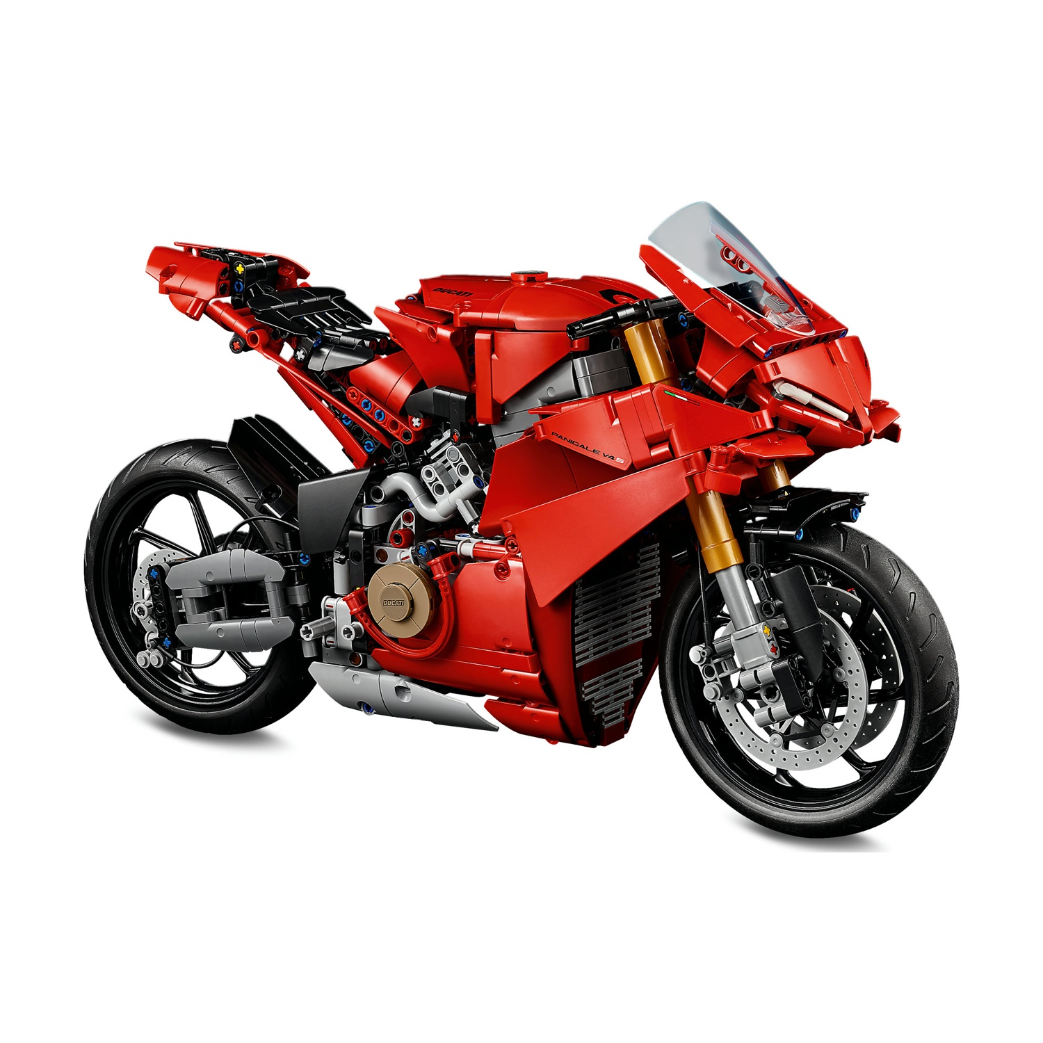 Una moto Ducati rossa Lego su sfondo bianco. Ha ruote nere, parabrezza trasparente e sospensioni dorate.