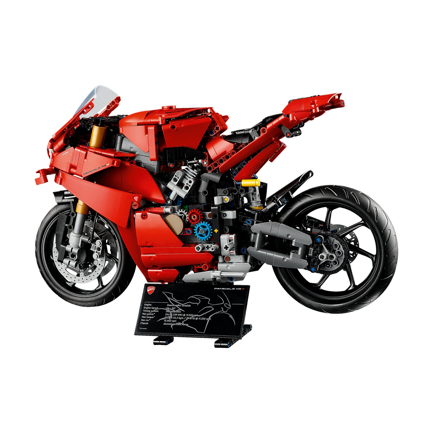 Un modello rosso di moto Ducati Panigale V4. È una replica dettagliata con ruote nere, parabrezza trasparente e un espositore.