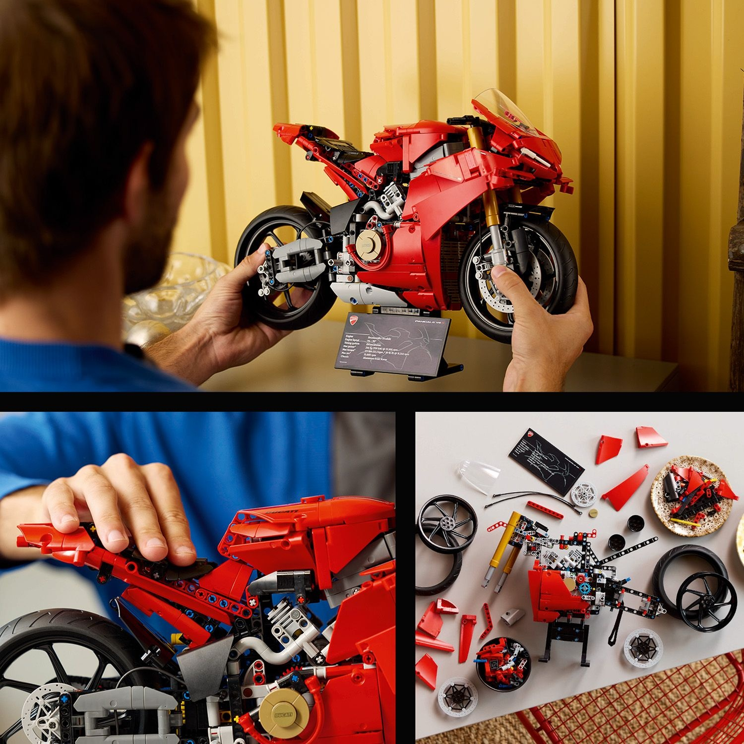 Una persona assembla una moto Lego rossa. L'immagine mostra la moto, i pezzi e le mani di una persona. Lo sfondo è giallo e neutro.