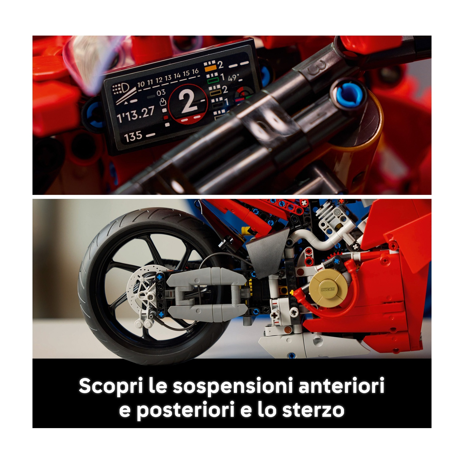 Primo piano di un modello di moto rosso e nero, che mostra il display del cruscotto e la ruota posteriore con dettagli delle sospensioni.