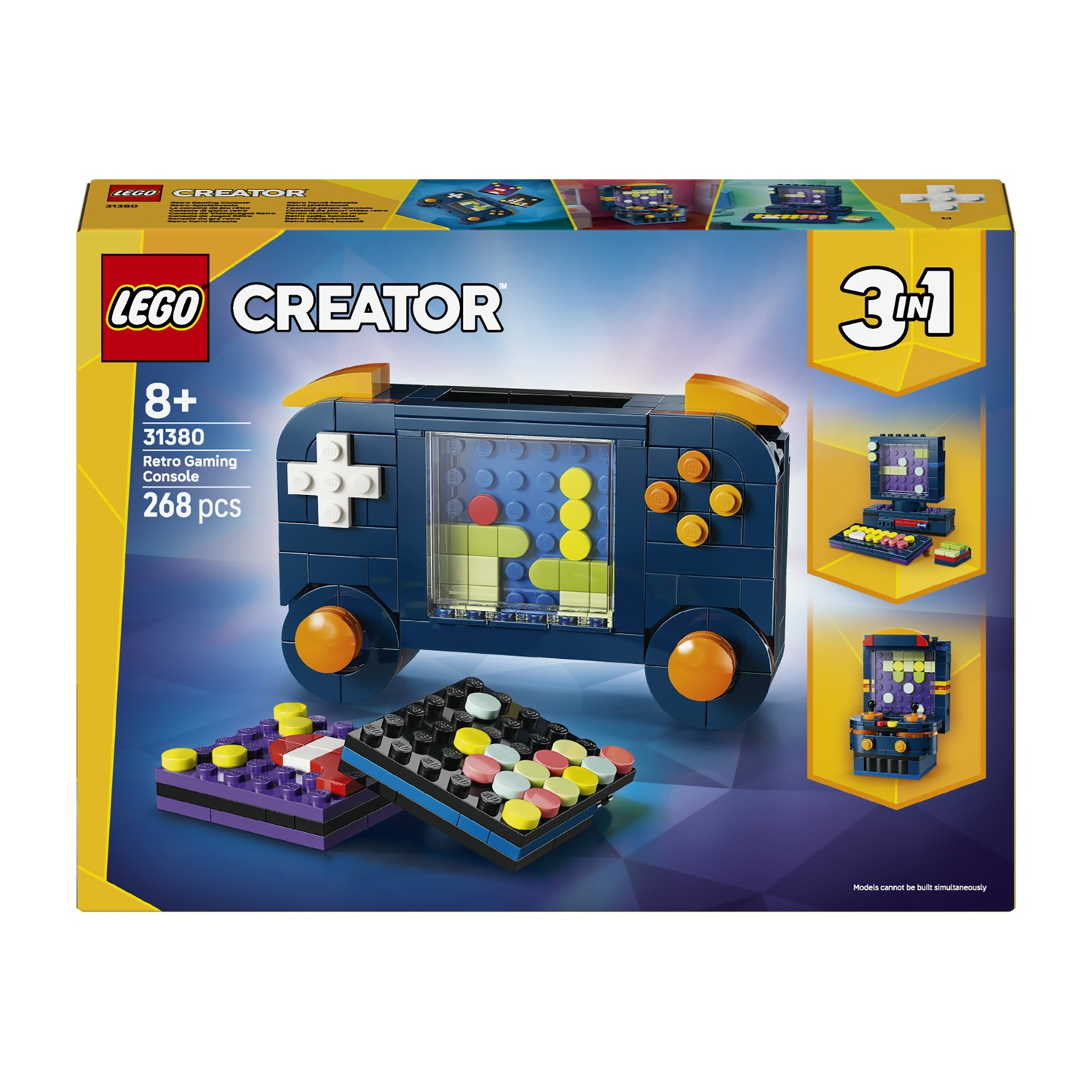 Scatola del set LEGO Creator. Presenta un modello di console retrò, opzioni di costruzione 3-in-1 e vari mattoncini LEGO colorati.