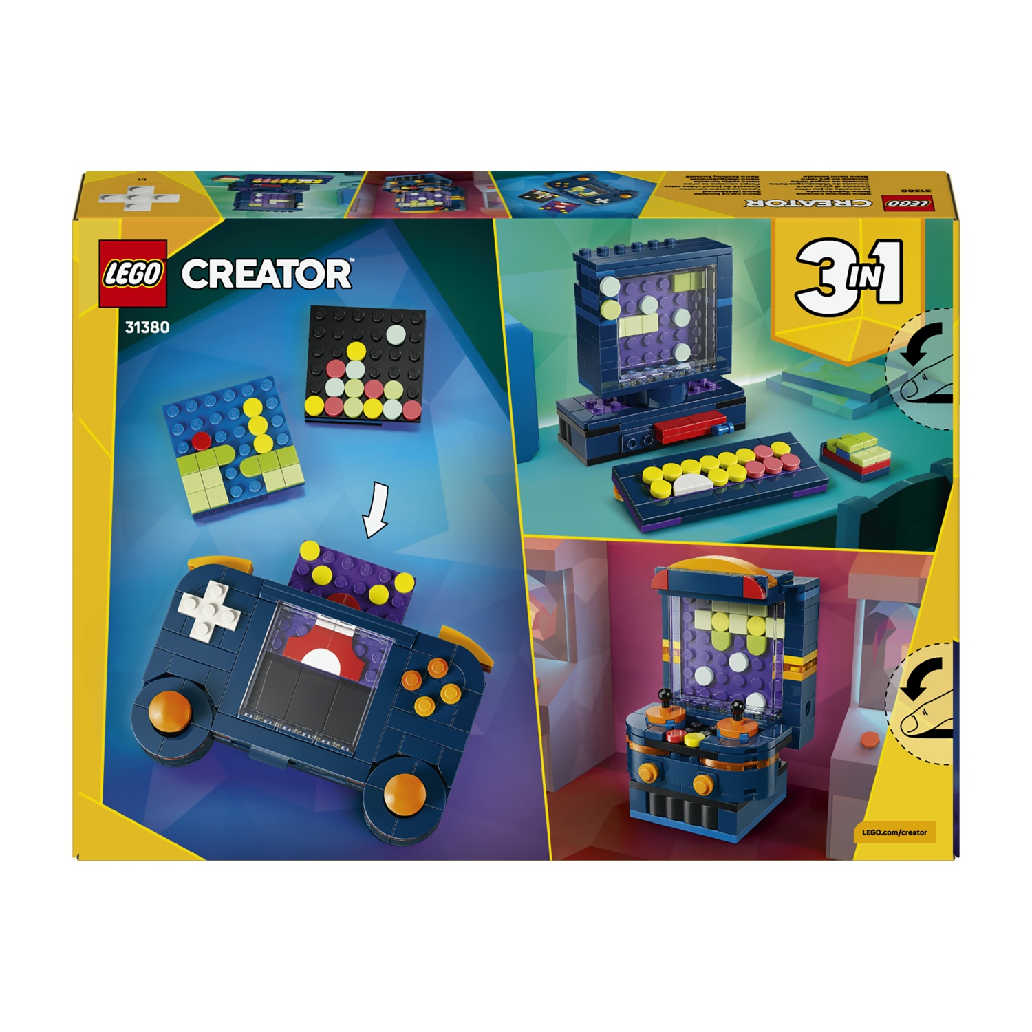 Scatola del set Lego Creator 3 in 1. Mostra una console di gioco, un computer e un cabinato arcade costruiti con mattoncini Lego.