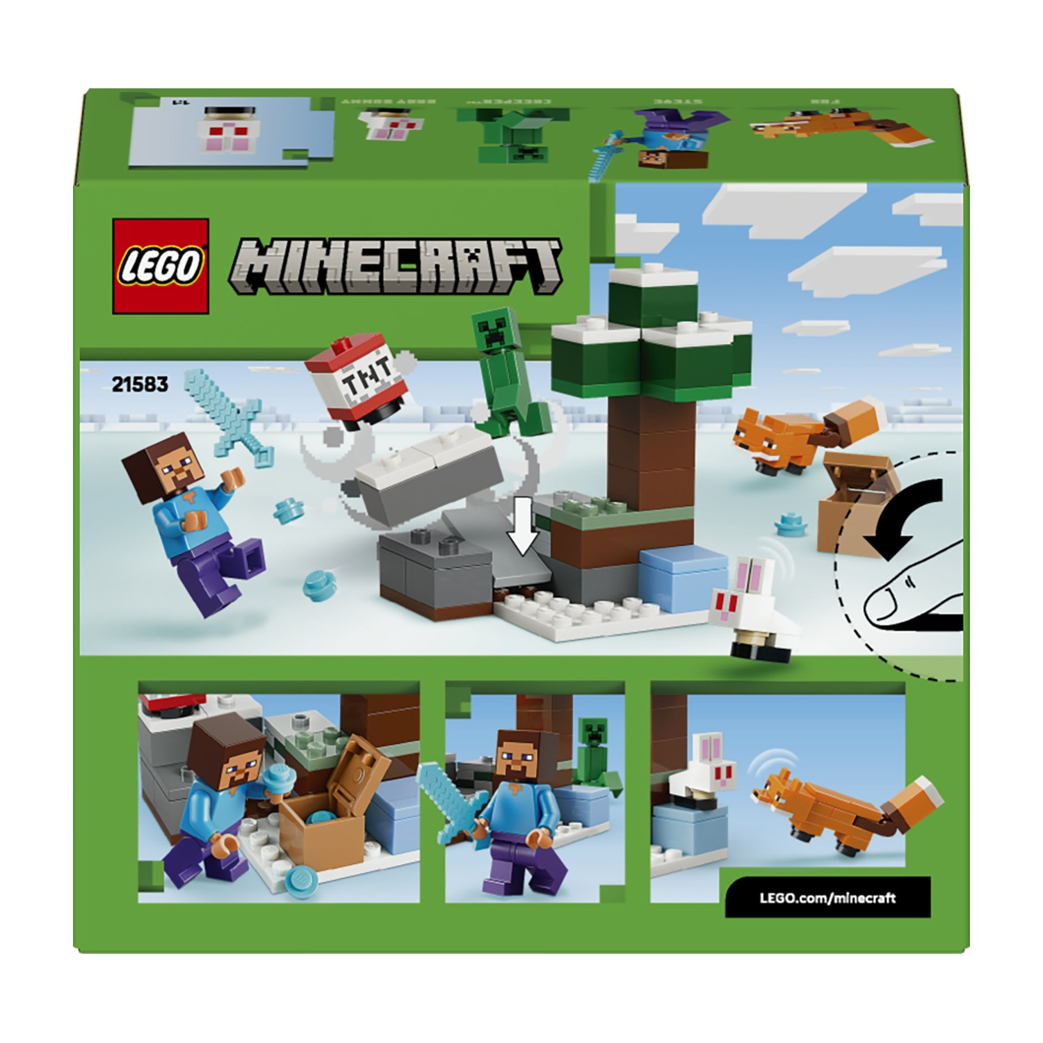 Scatola LEGO Minecraft. Steve con spada, creeper, volpe, coniglio, TNT e un albero. Base di neve bianca con blocchi.