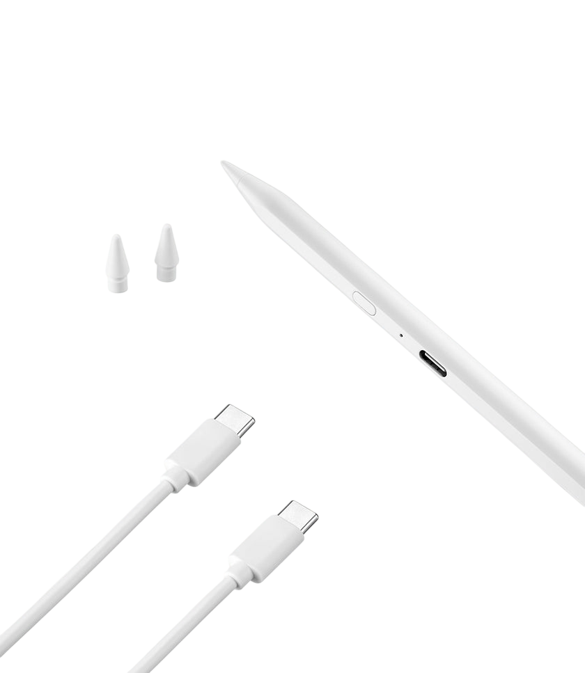 Weißer Stift, zwei Ersatzspitzen und zwei USB-C-Kabel auf schwarzem Hintergrund. Alle Artikel sind weiß.