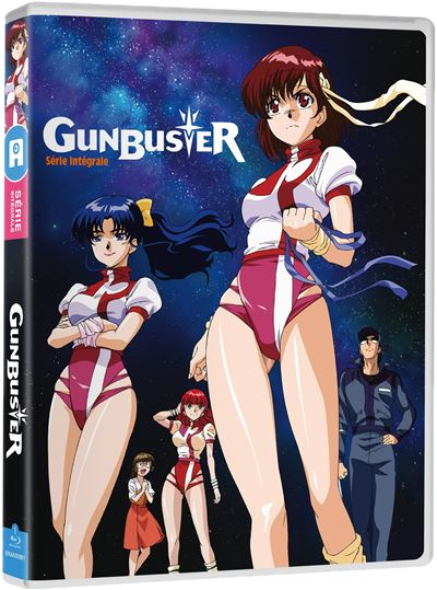 Anime-omslag. Vrouwen in rood-witte uniformen tegen een sterrenachtergrond. De titel is GunBuster.