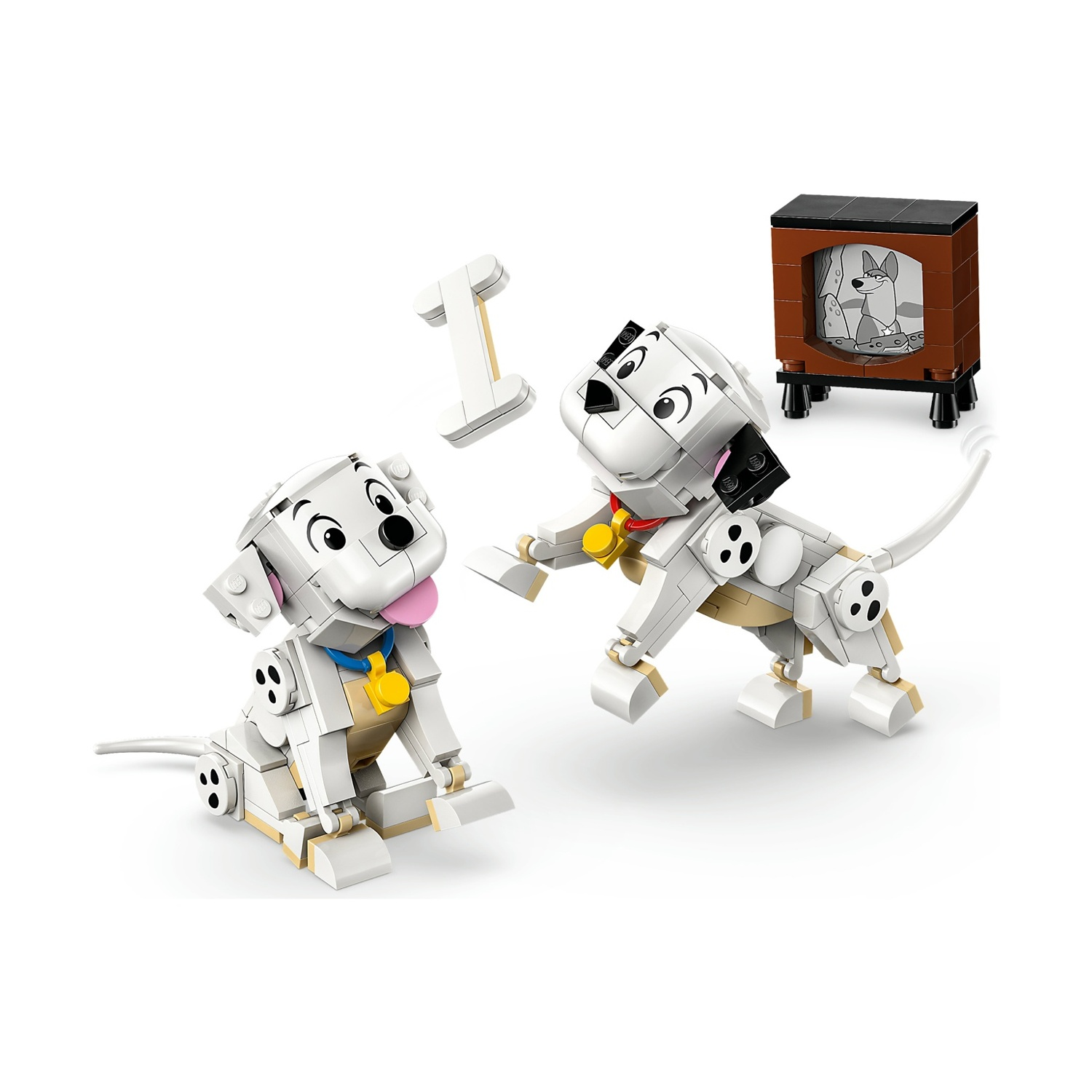 Due cani dalmata Lego, uno con la lingua di fuori. Sono presenti anche una 'I' e una TV con un'immagine di cane.