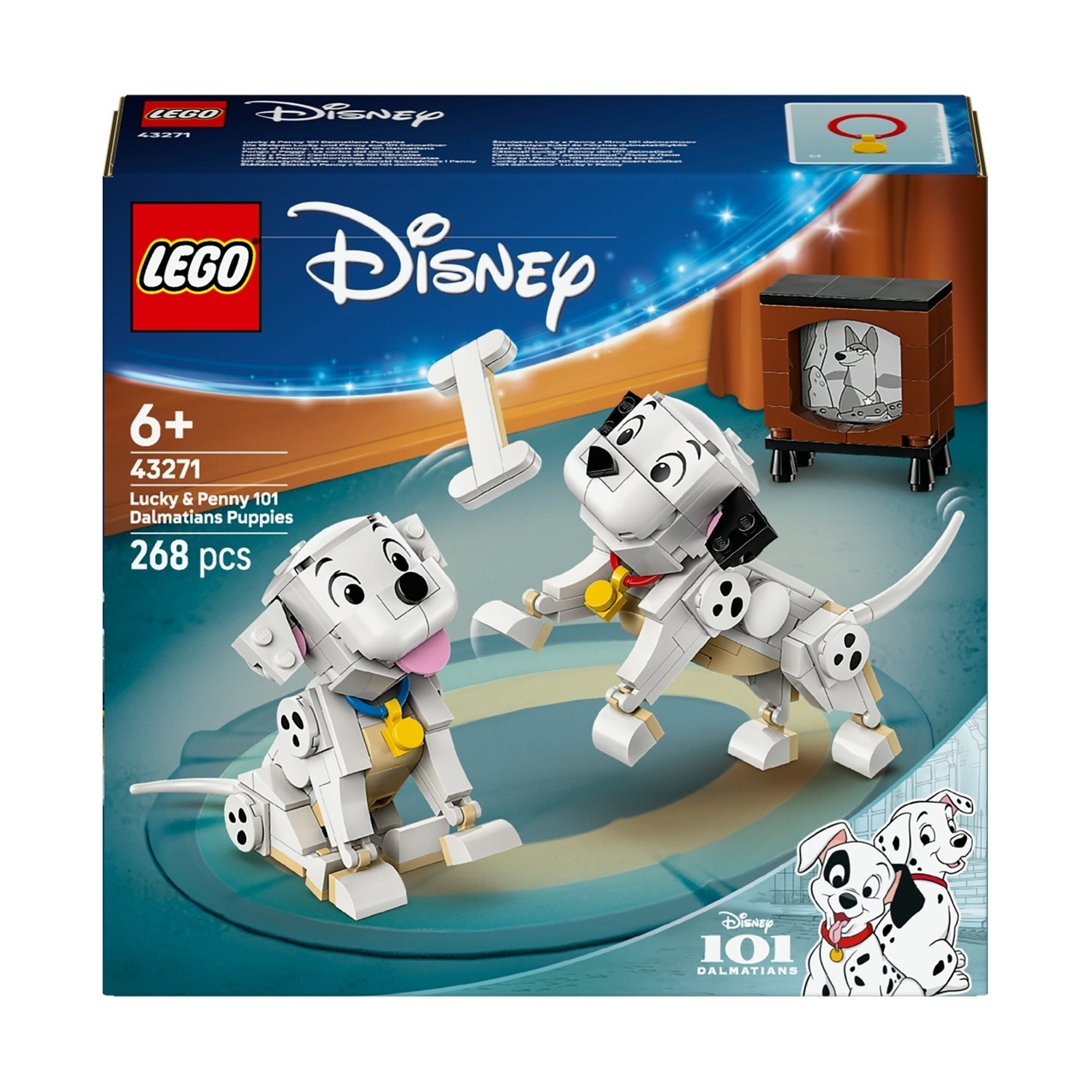 Set LEGO Disney di cuccioli di Dalmata Lucky e Penny 101. Presenta due figure di dalmata, una TV e la confezione con il logo Disney.