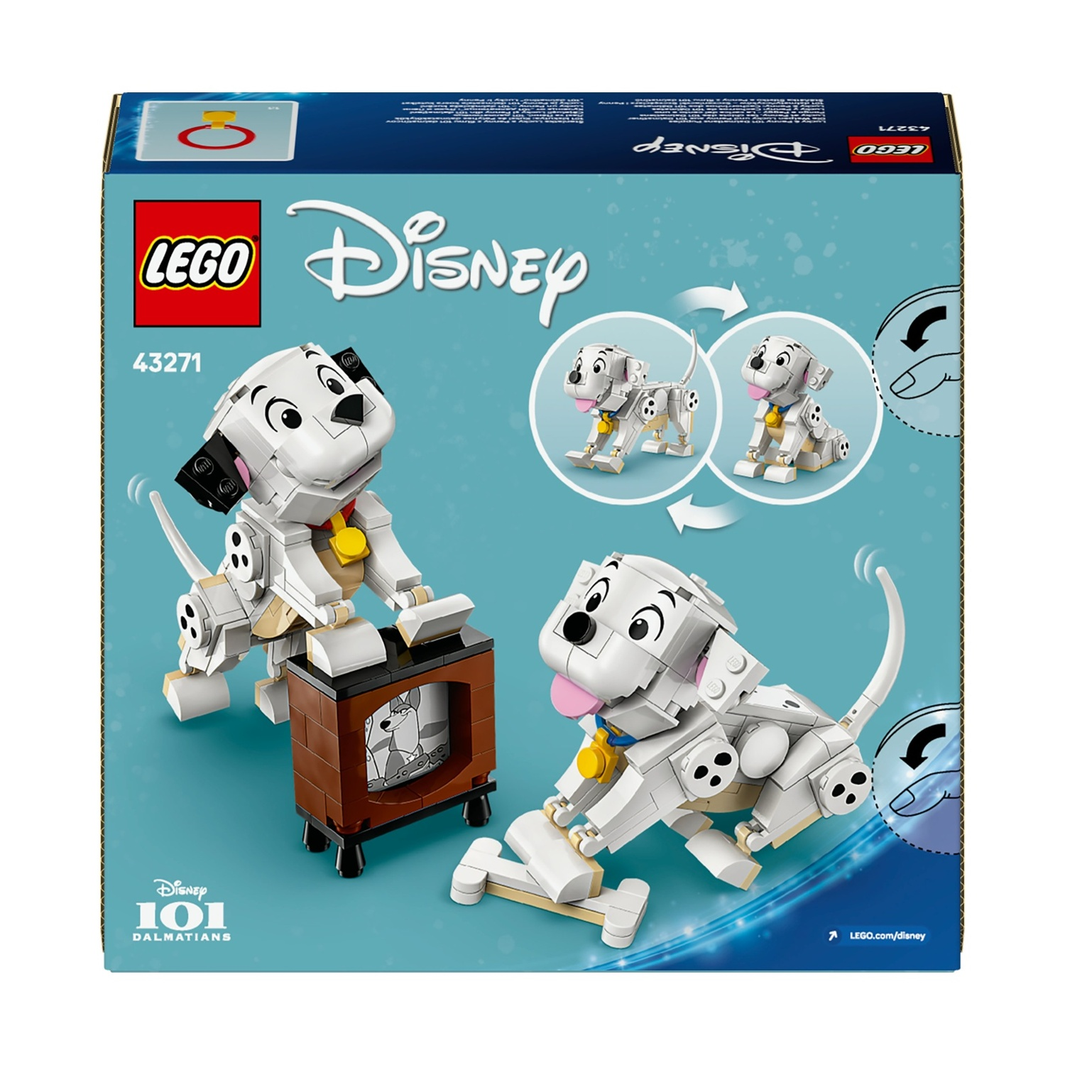 Scatola del set Lego Disney 101 Dalmatians. Presenta personaggi Lego dalmata e un televisore. I loghi Disney e Lego sono visibili.
