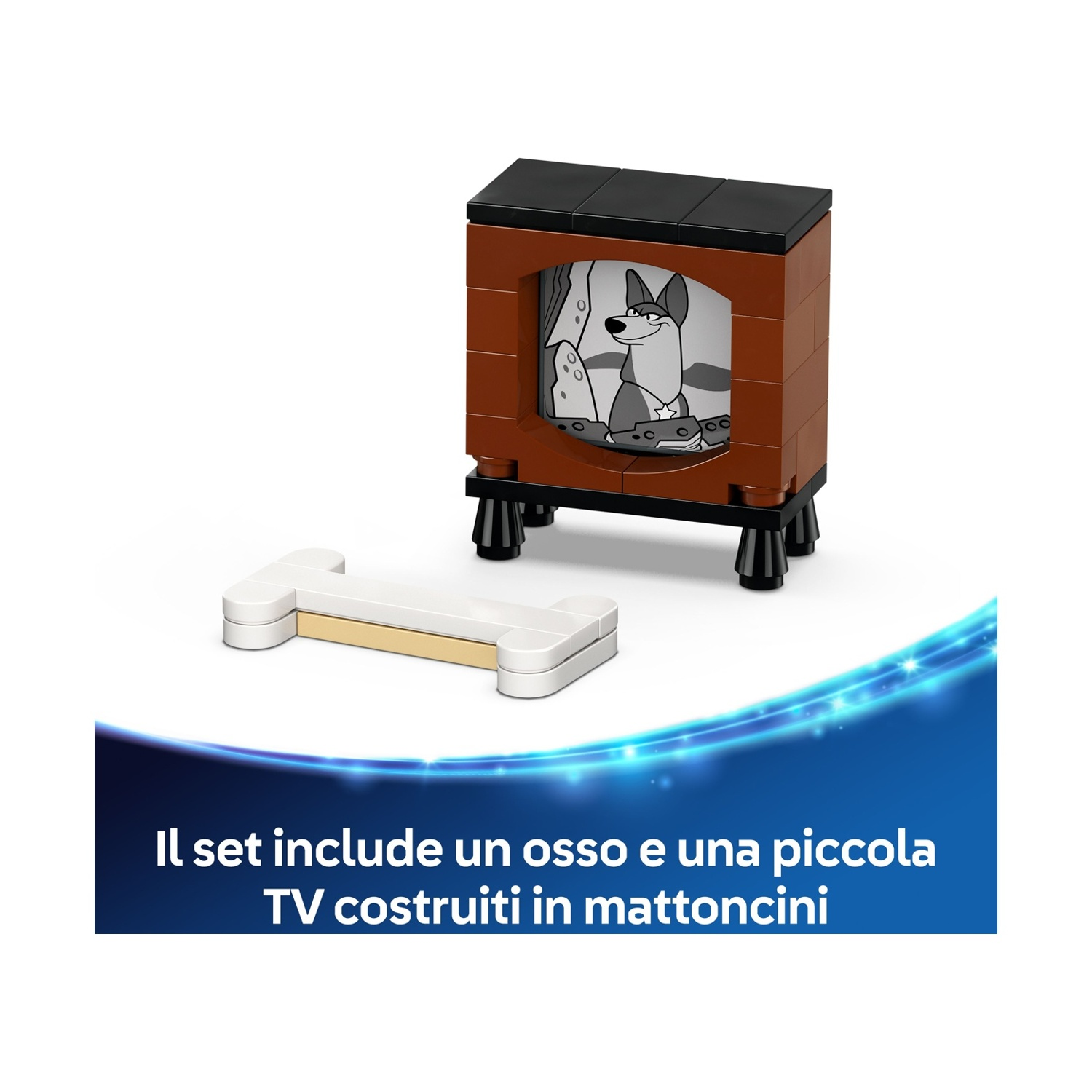 Un set di giocattoli include una TV marrone con l'immagine di un cane, un oggetto a forma di osso bianco, il tutto fatto di blocchi. La TV ha le gambe nere.